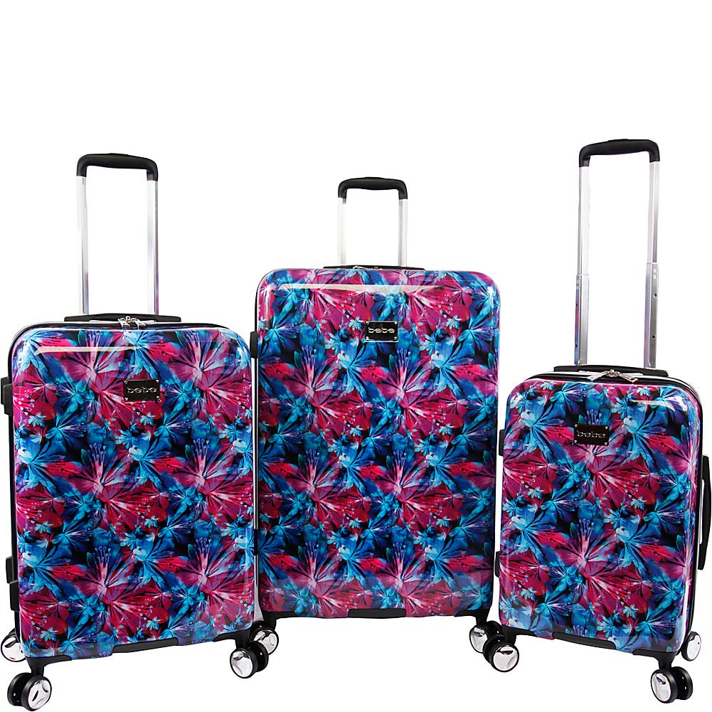 BEBE Women's Tina 3-Piece Spinner Luggage Set - Blue Pink Lily, Lightweight Expandable Suitcase for Travel, Business Trips & Weekend Getaways