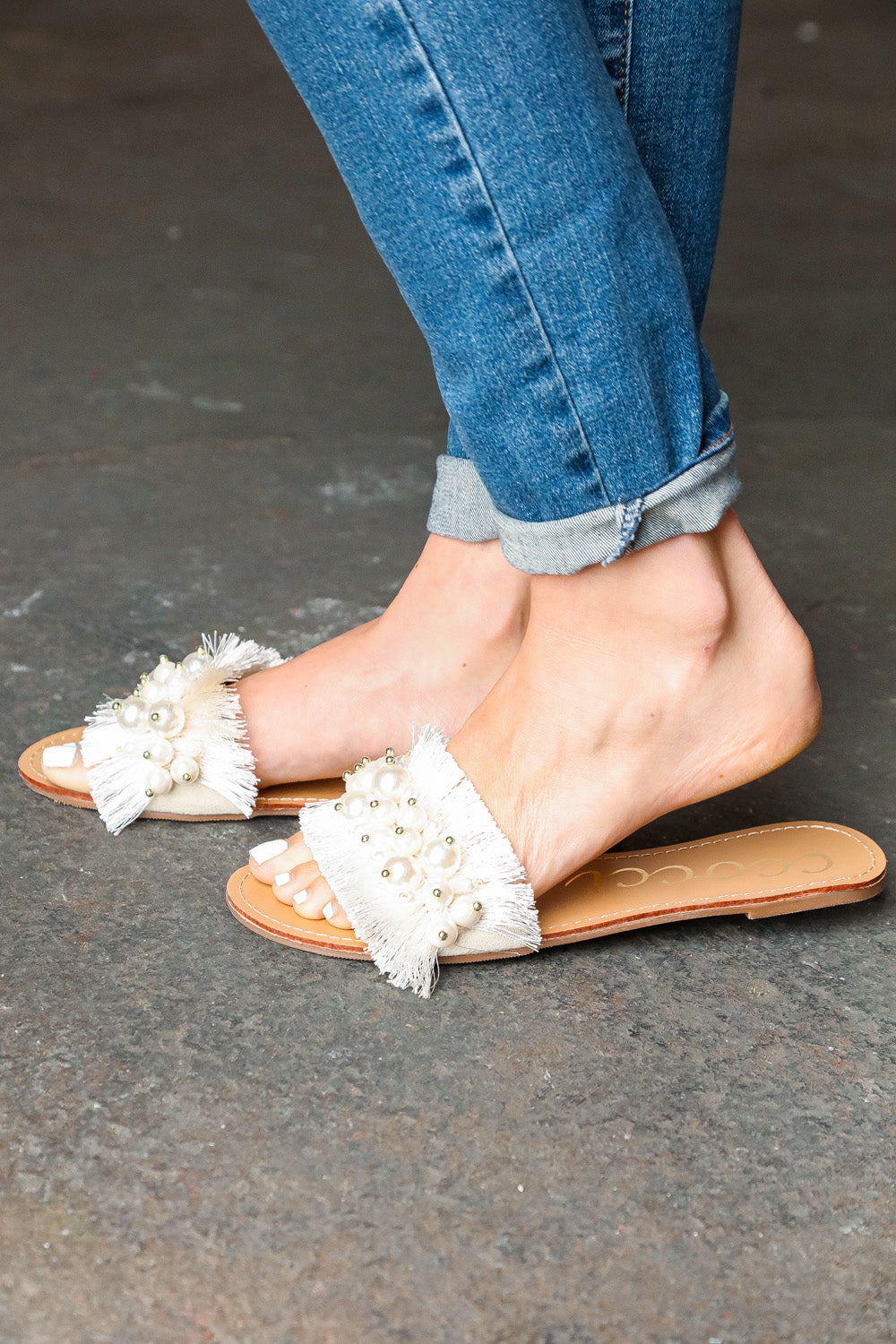 Ivory Linen Slide Sandals with Beaded Faux Pearl Accents - Elegant Summer Beach Wedding Shoes for Women
