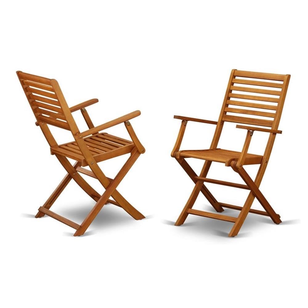 East West Furniture BBSCANA Beasley Folding Patio Dining Chairs with Armrest - Acacia Wood, Set of 2, Natural Oil Finish - Perfect for Outdoor Dining, Garden, Deck, and Poolside Relaxation