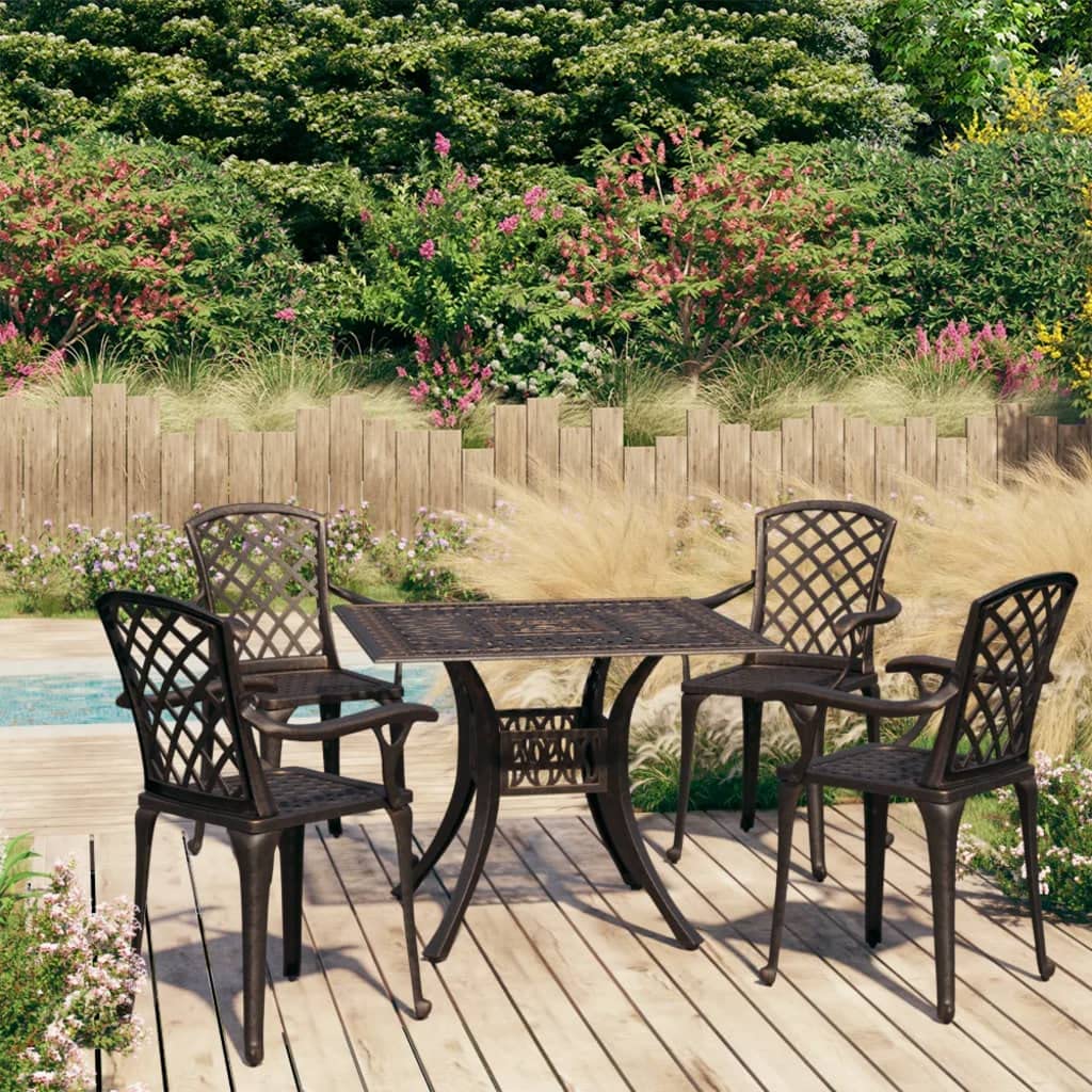 vidaXL 5-Piece Bronze Outdoor Bistro Set | Durable Cast Aluminum Patio Furniture | Stylish Garden Dining Table & Chairs with Umbrella Hole | Perfect for Backyard, Poolside & Outdoor Dining