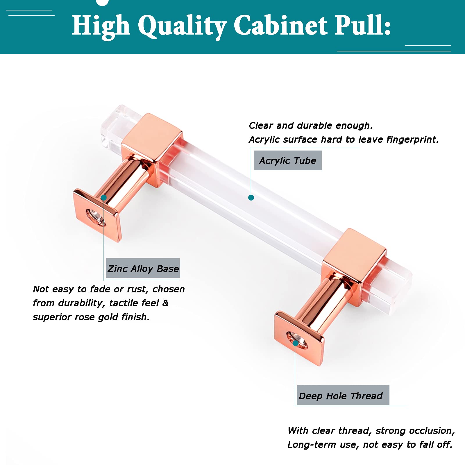 30 Pack Clear Acrylic Cabinet Handles with Rose Gold Finish - 3 Inch Hole Centers Modern Square Drawer Pulls for Kitchen & Bathroom Cabinets - Perfect for Home Renovation, Furniture Upgrade and Interior Decor