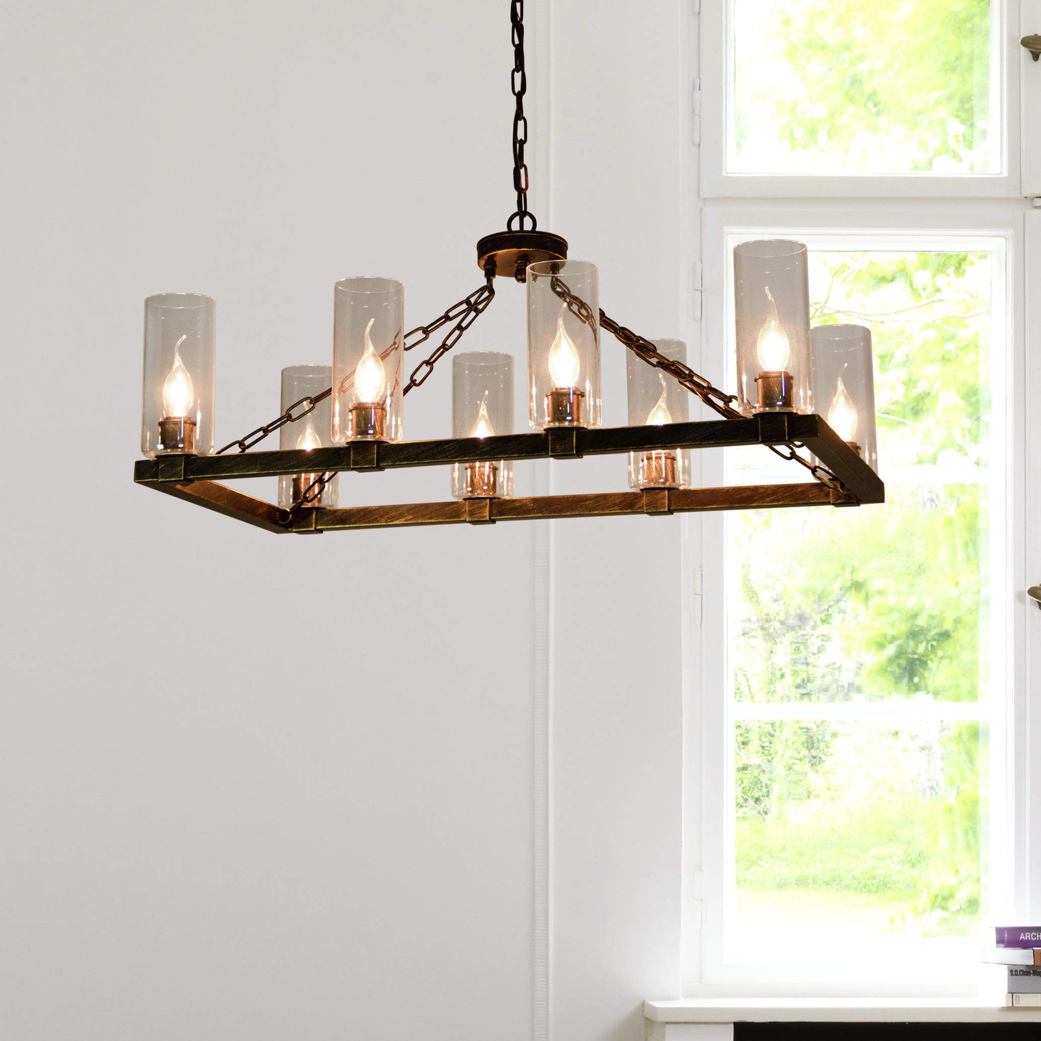8-Light Kitchen Island Chandelier with Glass Shades - Adjustable Chain Length for Dining Room, Foyer, Entryway - Perfect for Modern Farmhouse, Rustic Home Decor & Kitchen Lighting