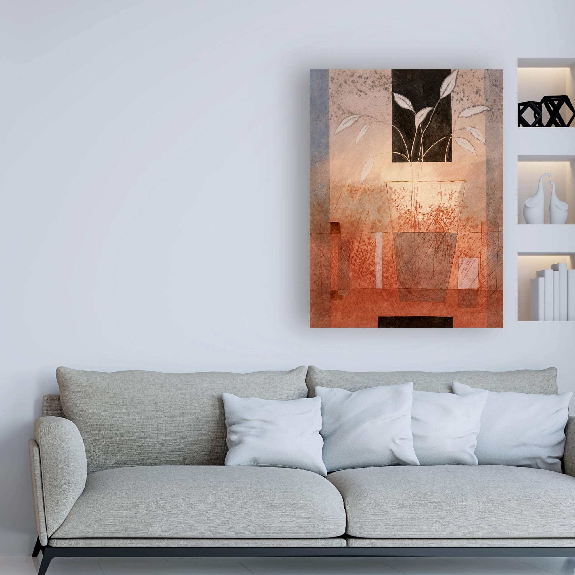 Pablo Esteban Leaves In Vase On Orange Painting - 18x24 Inch Wall Art Decor - Modern Canvas Print for Living Room, Bedroom & Office