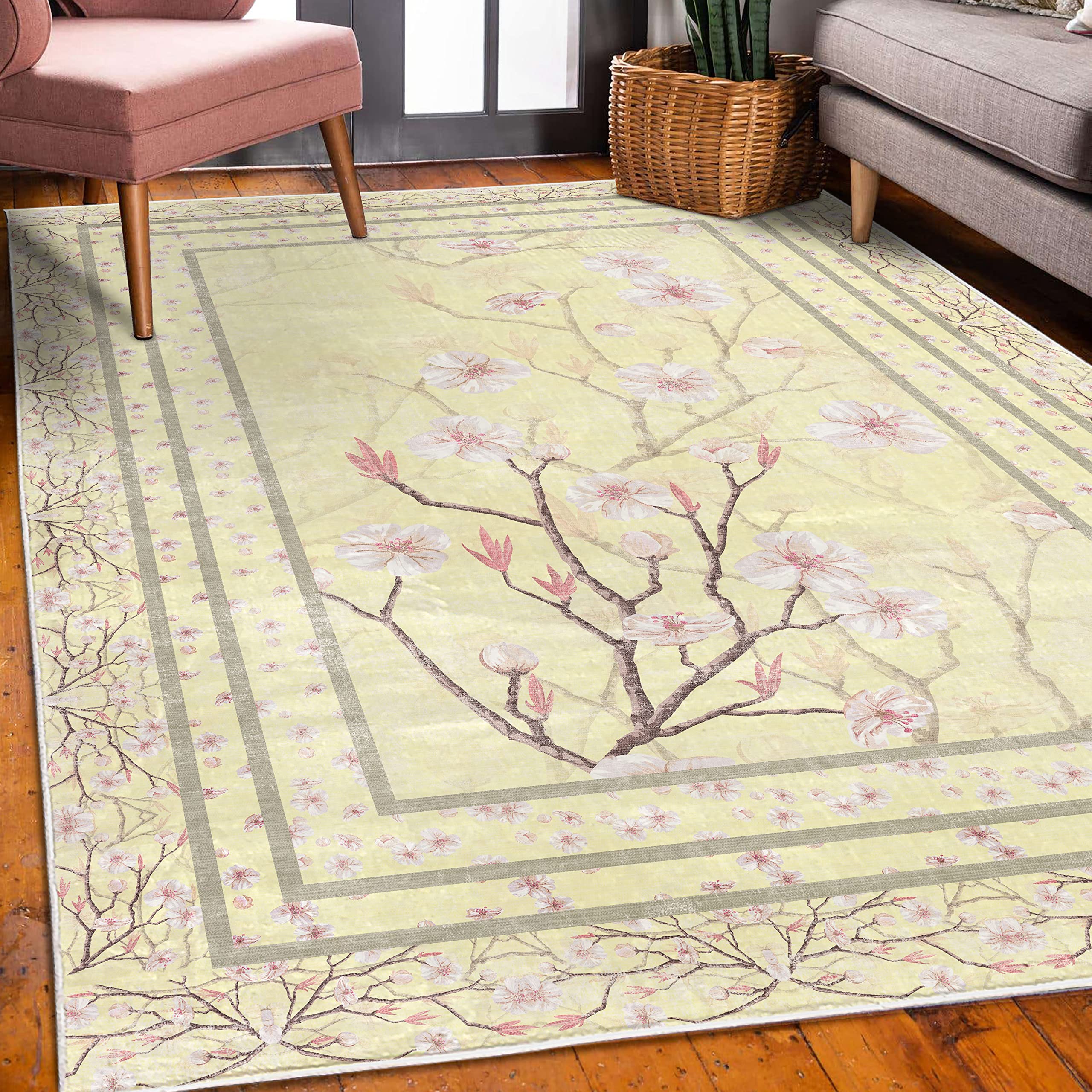 Ambesonne Floral Area Rug - Spring Apple Blossom Design with Nature-Inspired Branches, Soft Cream & Pale Rose Non-Slip Carpet for Bedroom, Living Room, Dorm (5'1