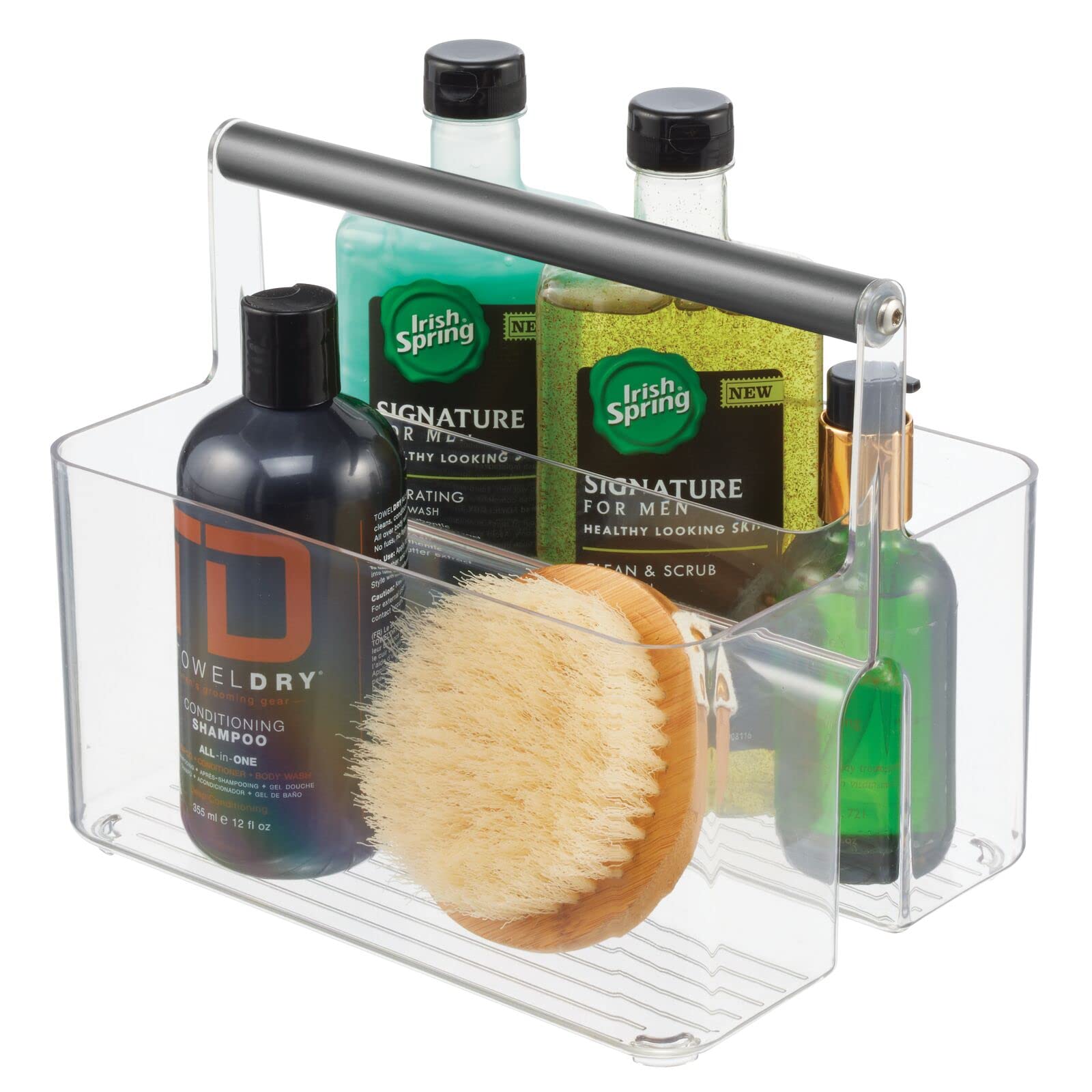 mDesign Plastic Shower Caddy Storage Organizer with Metal Handle - Divided Basket Bin for Bathroom, Dorm & Kitchen - Holds Soap, Shampoo & Conditioner - Aura Collection in Clear/Graphite Gray - Perfect for Small Space Organization & Bath Essentials Storage