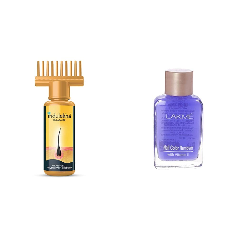 Indulekha Bhringa Hair Oil 100ml & Lakme Nail Polish Remover 27ml - Natural Hair Growth Treatment & Quick Nail Color Removal for Daily Beauty Care