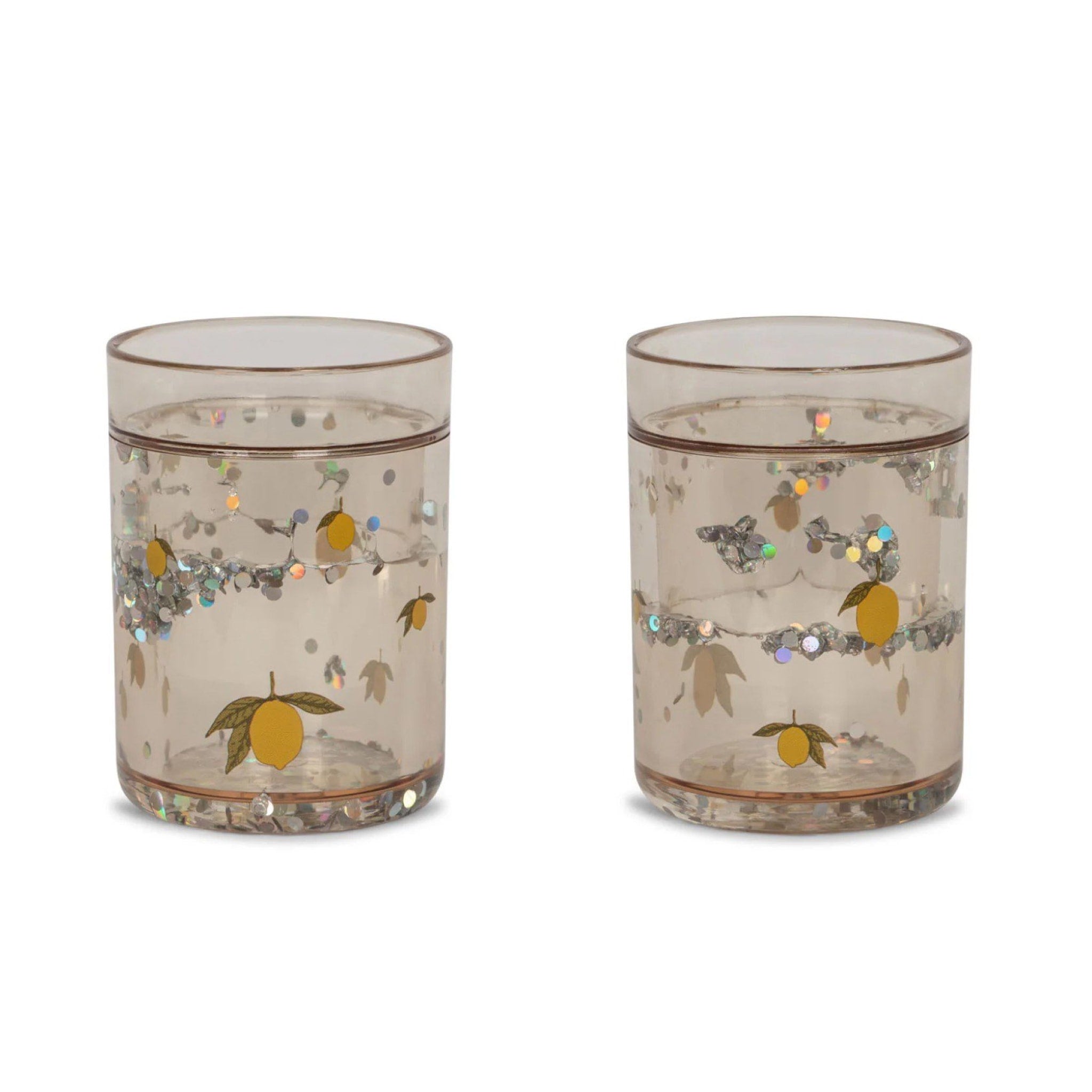 KONGES SLØJD Kids Glitter Cups - Set of 2, BPA-Free Plastic Drinking Glasses with Lemon Design for Juice, Milk & Smoothies | Perfect for Birthday Parties, Picnics & Kids' Daily Use