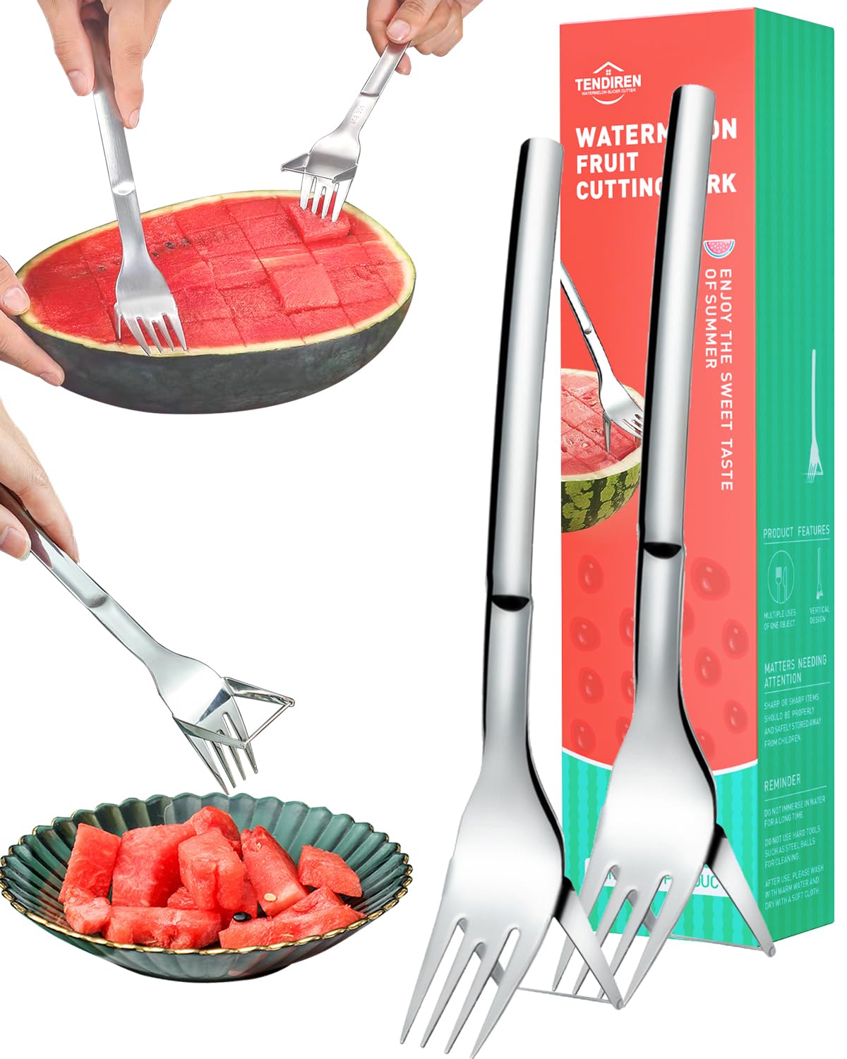2-Pack Stainless Steel Watermelon Slicer & Fork - 2-in-1 Fruit Cutting Tool for Easy Slicing - Perfect for Summer BBQs, Family Parties, Camping & Outdoor Picnics