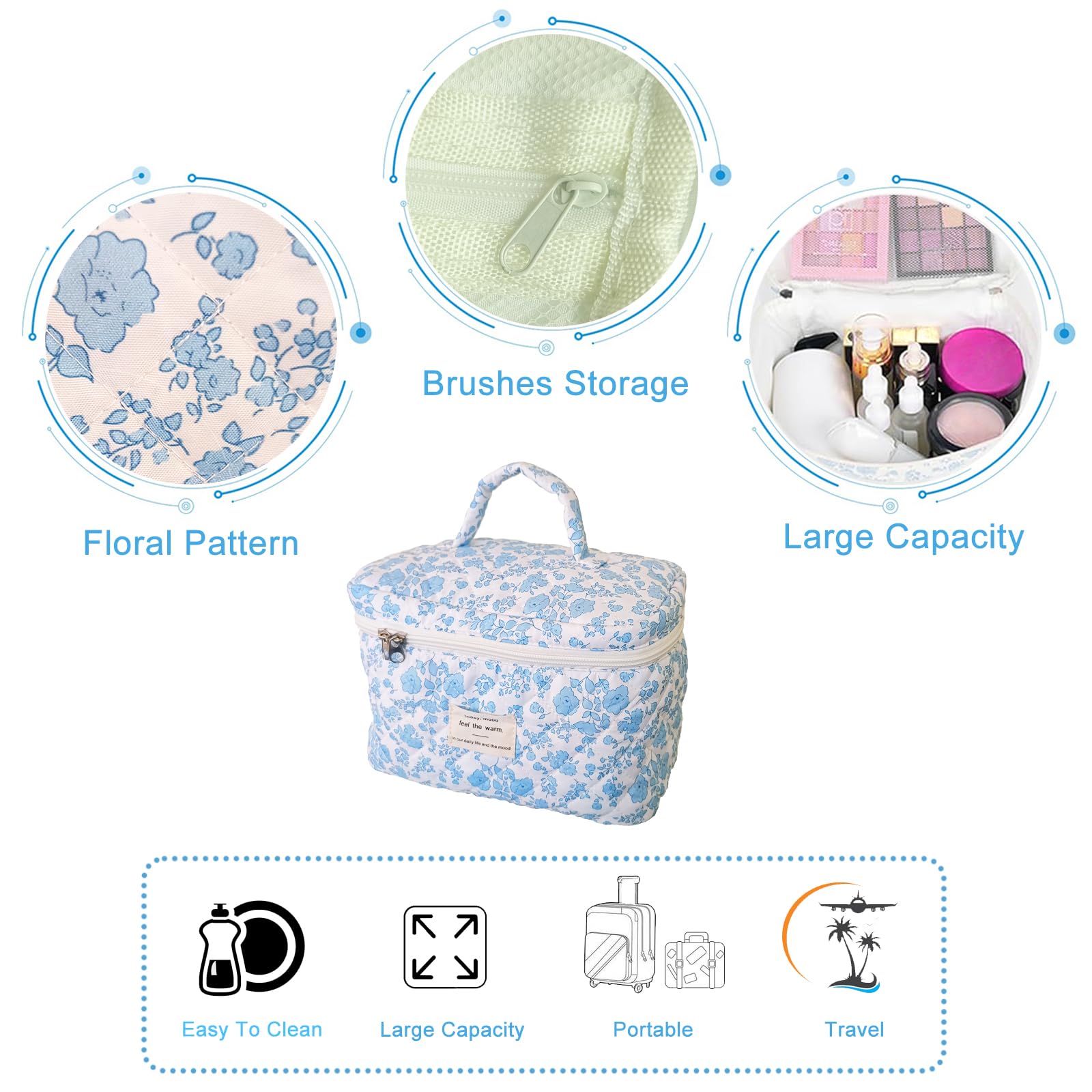 Large Quilted Makeup Bag for Women - Big Floral Cotton Cosmetic Organizer, Travel Toiletry Bag with Cute Coquette Aesthetic Design | Perfect for Travel, Gym & Daily Beauty Storage (Women & Girls)