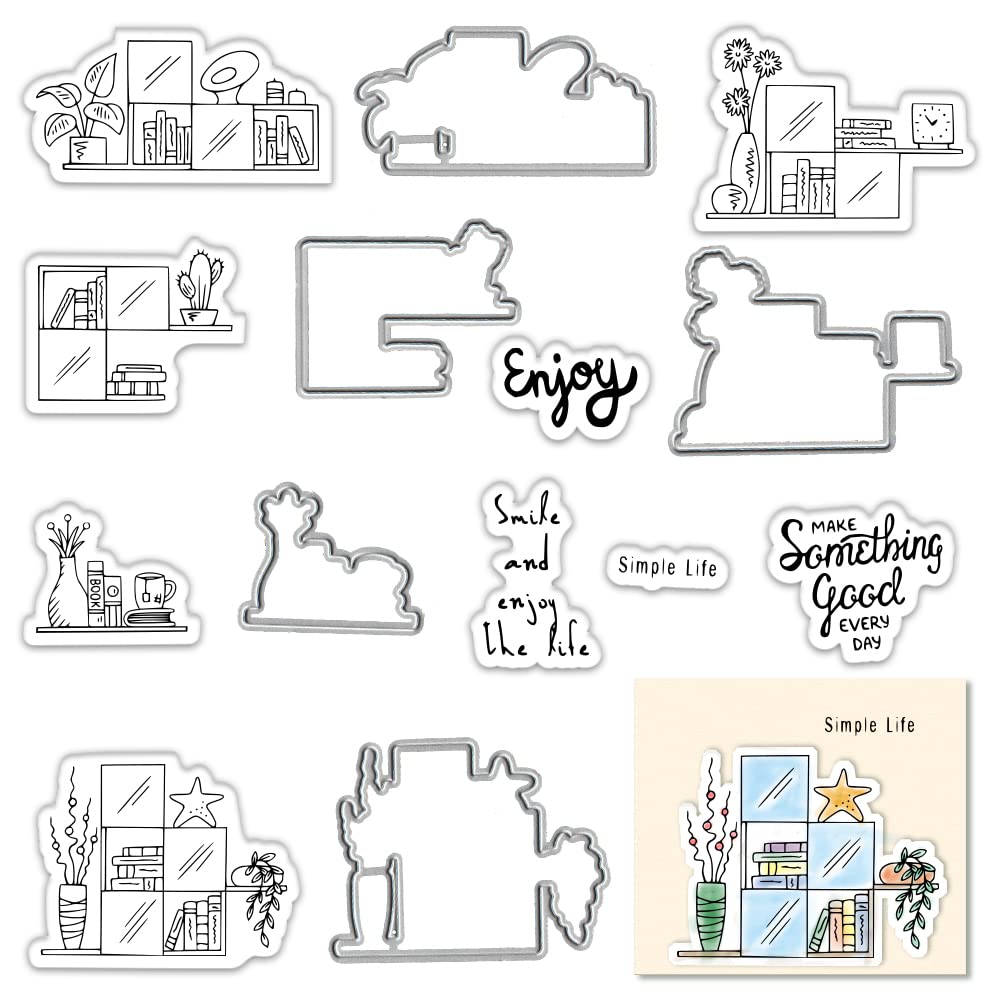 Desk Words Stamps & Dies Set for Card Making, Bookshelf Plants Cutting Dies with Clear Stamps - DIY Scrapbooking, Bullet Journal Decoration, Handmade Crafts & Notebook Embellishments | Perfect for Journaling, Greeting Cards, and Paper Craft Projects