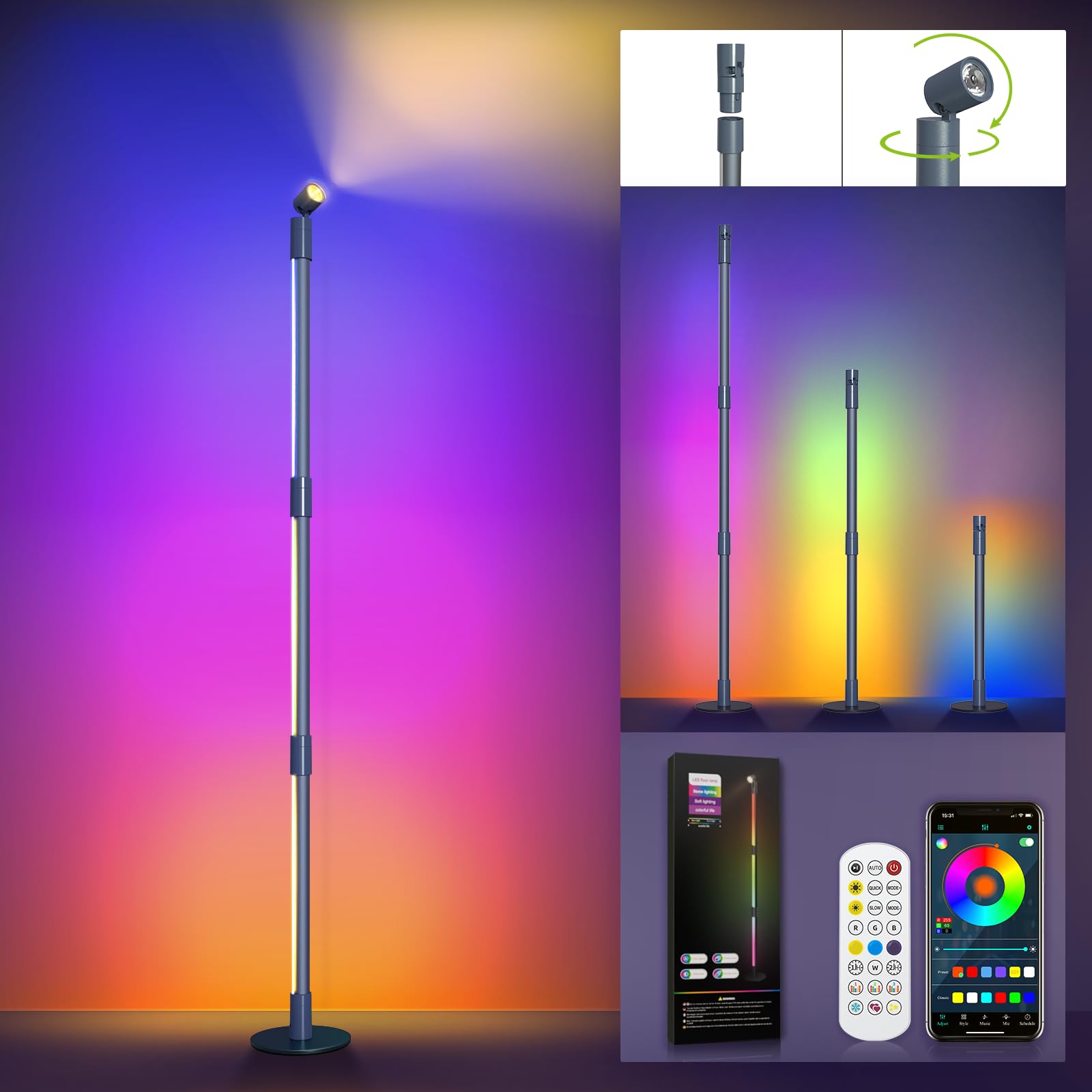 JOFIOS Smart RGB Corner Floor Lamp with App & Remote Control - 16 Million Colors, 213 Dynamic Modes, Music Sync - Modern LED Standing Lamp for Living Room, Gaming Room, Bedroom & Home Theater Lighting