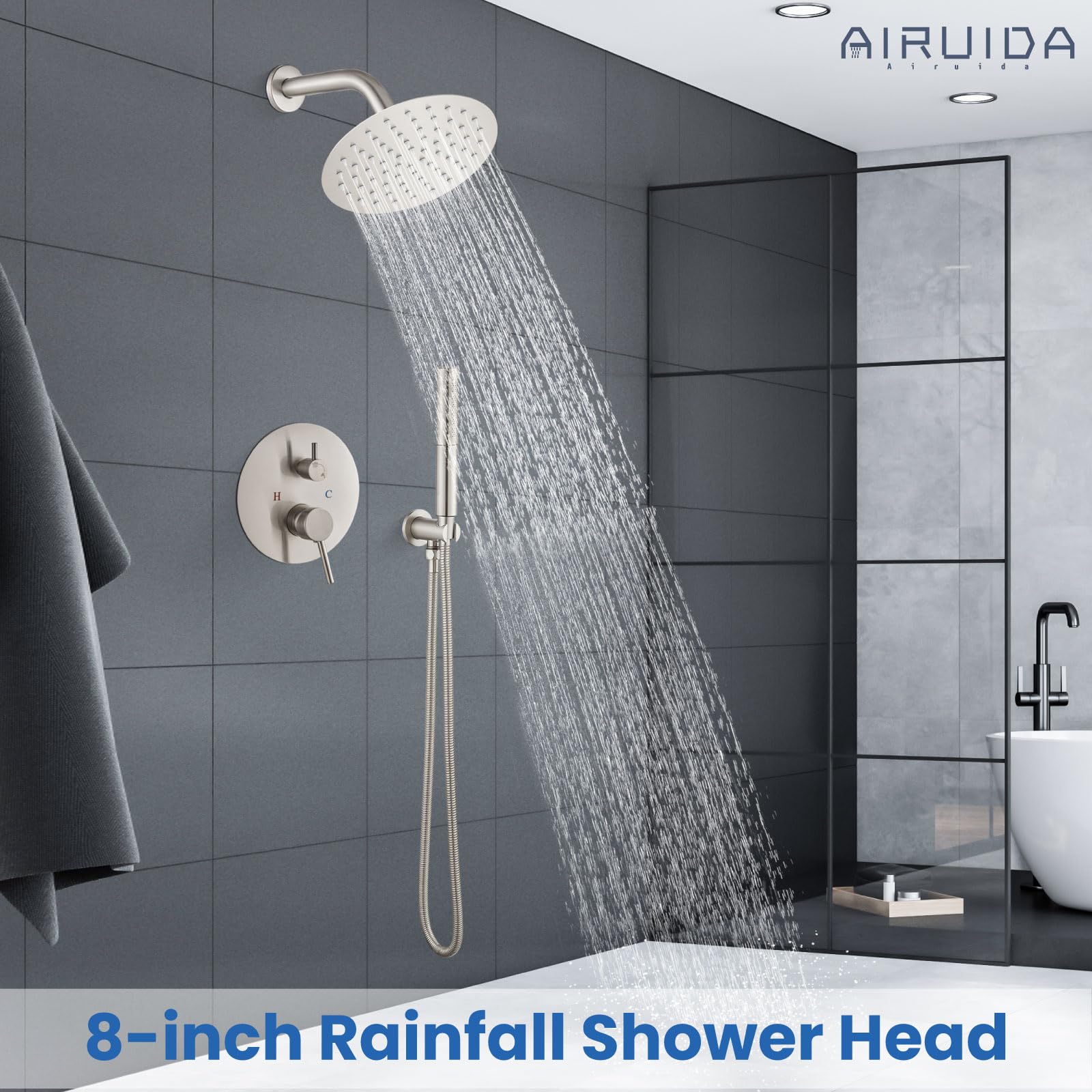 Airuida 2-Function Wall Mount Shower System - High Pressure Brass Handheld Shower with 8 Inch Rainfall Shower Head & Rough-in Valve in Brushed Nickel Finish | Perfect for Bathroom Renovation & Spa-Like Shower Experience