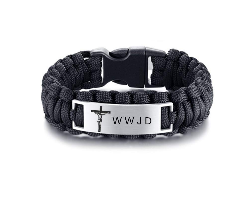 WWJD Bracelet for Men - Stainless Steel Paracord Christian Bracelet with Jesus Cross Charm - What Would Jesus Do Cuff Bangle for Adults - Perfect for Outdoor Activities, Hiking, Camping & Hunting