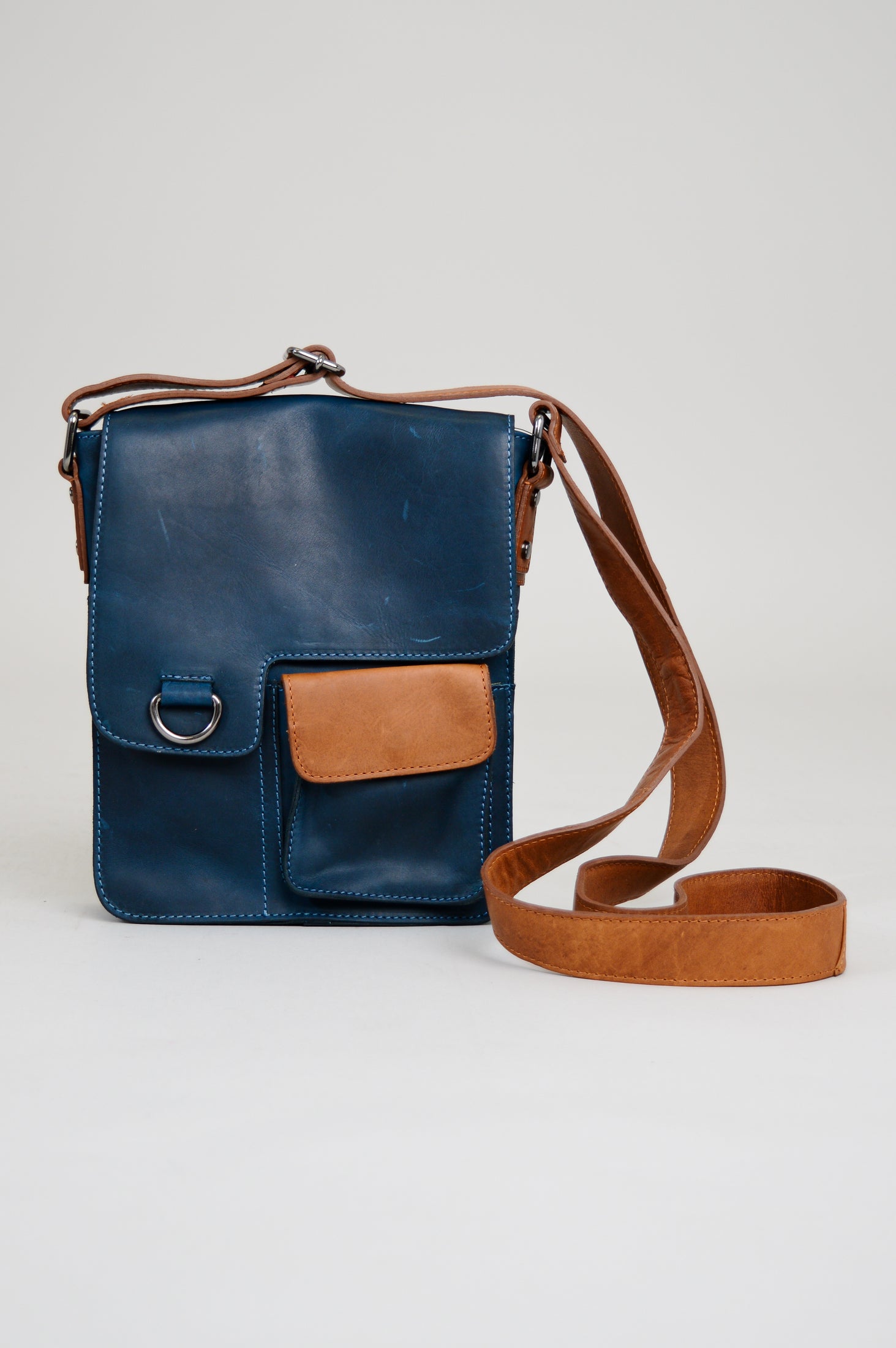 Premium Buffalo Leather Adrian Klis 1728 Bag in Blue & Tan - Stylish Durable Handbag for Women, Work, Travel & Everyday Use