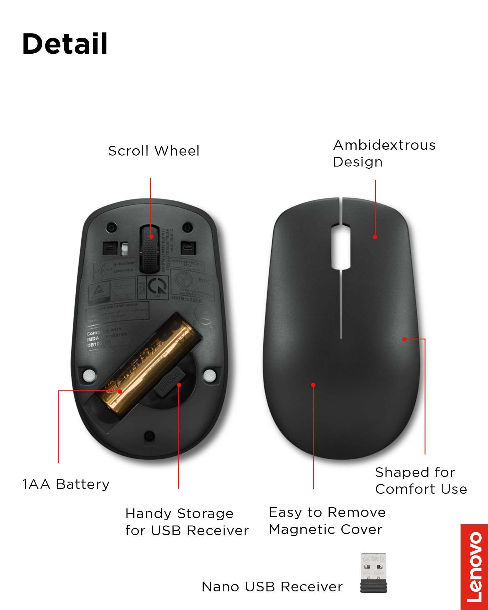Lenovo 530 Wireless Mouse for PC & Laptop - 2.4G Ergonomic Ambidextrous Mouse with Nano USB Receiver | 12-Month Battery Life | Perfect for Office, Home & Travel Use