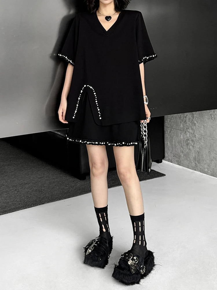 Black Pearl Print T-Shirt & Mini Skirt 2-Piece Set - Round Neck Short Sleeve Women's Fashion Outfit for Spring Summer 2025 | Casual Wear, Street Style, Party Outfit