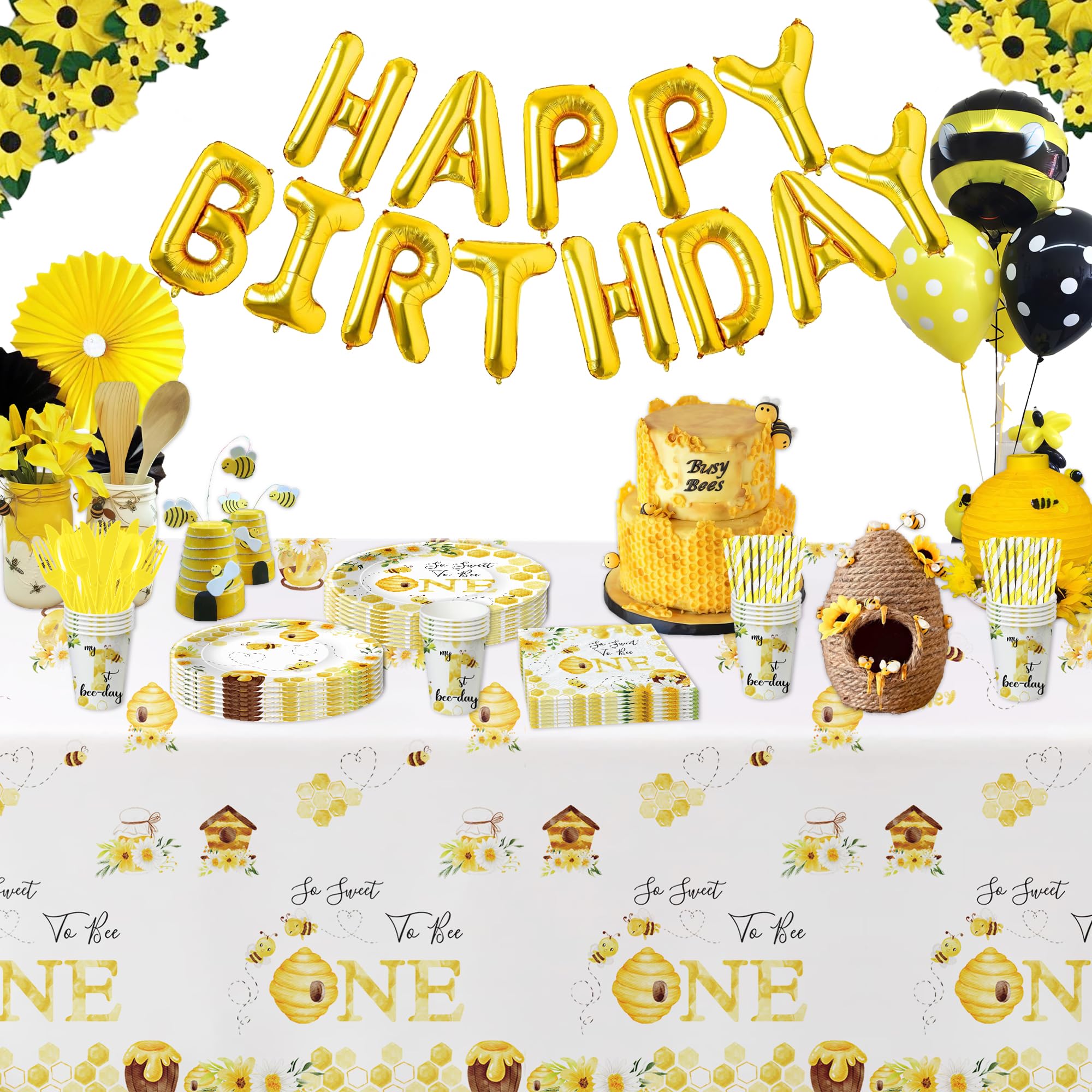 1st Birthday Bee Party Supplies - Bumble Bee Themed Decorations, Dinnerware Set (Plates, Cups, Napkins, Forks) for Baby's First Birthday | 24-Piece Set - Perfect for 1-Year-Old Birthday Parties, Baby Showers & Bee-Themed Celebrations