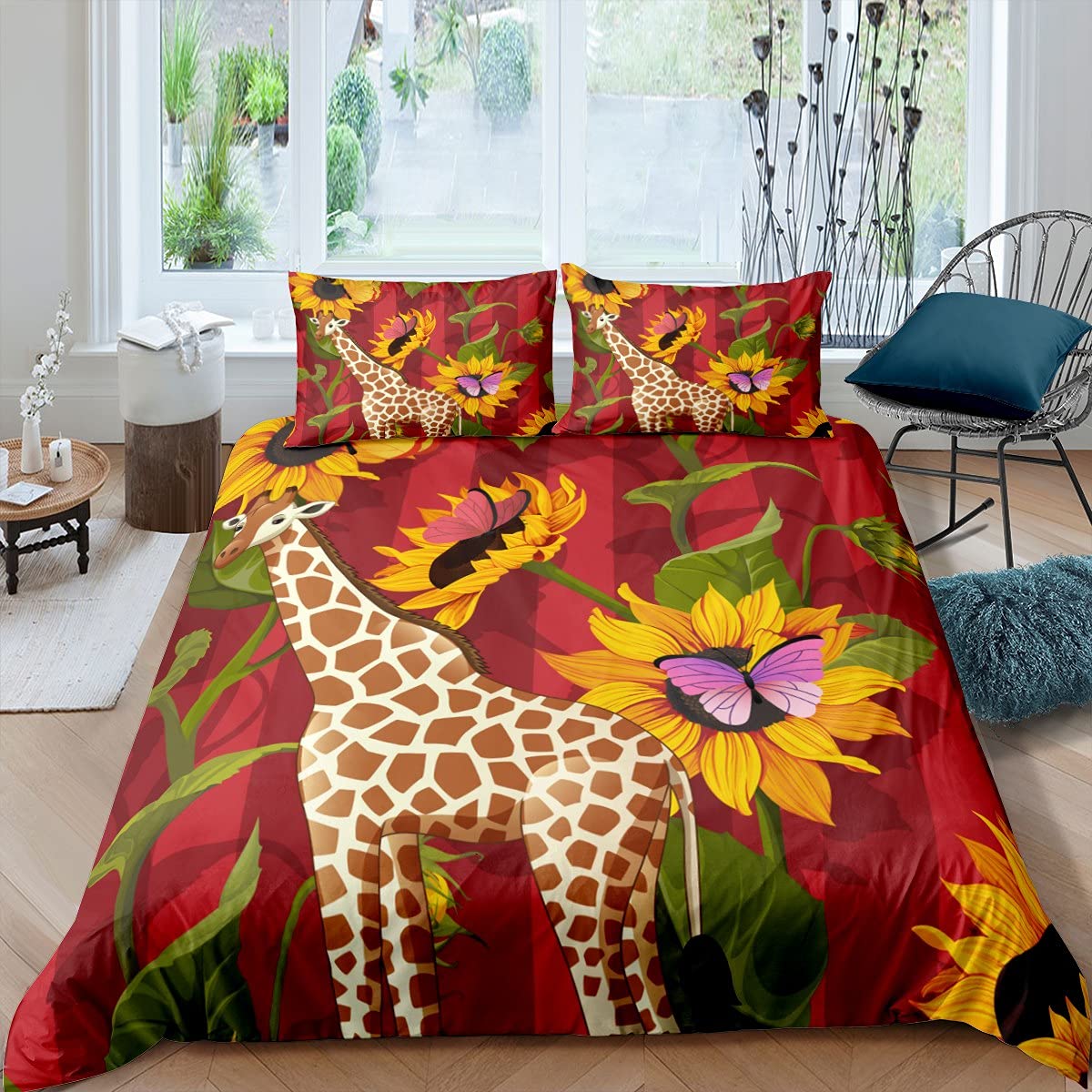 **Sunflowers King Size Bedding Set - Cartoon Giraffe Duvet Cover for Kids & Teens, Boys & Girls - Butterfly & Leaves Comforter Cover - Red Stripes Quilt Set with 2 Pillowcases - Perfect for Nursery, Kids' Room & Teen Bedroom Decor**