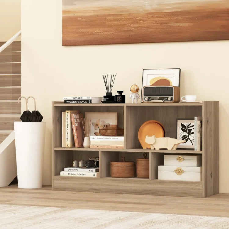 5-Cube Wooden Kids Bookcase with 2 Shelves - Natural Toy Storage Cabinet Organizer for Bedroom, Playroom & Nursery Organization