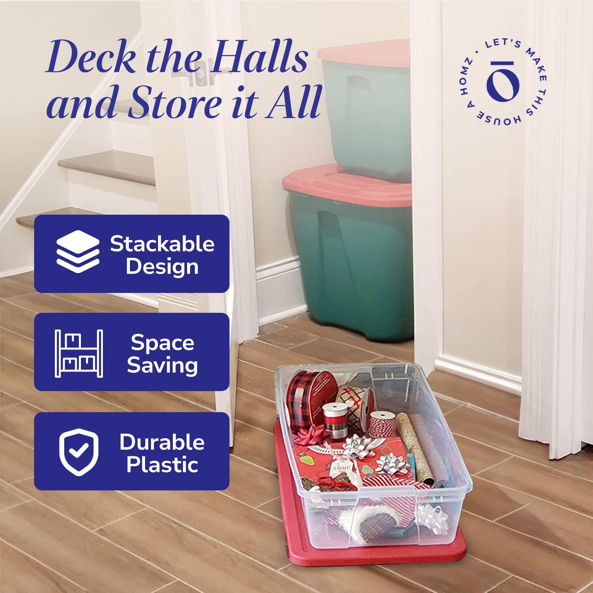 HOMZ 4-Pack 41 Quart Clear Plastic Storage Bins with Red Lids - Seasonal Holiday Organizer for Decorations, Clothes & Home Organization - Perfect for Christmas, Halloween & Attic Storage