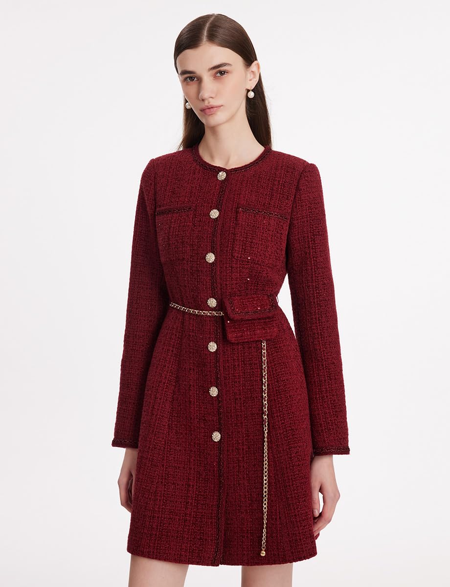 Elegant Women's Tweed Mini Dress with Long Sleeves & Metal Buttons | Formal Crewneck Button-Up Dress for Office, Cocktail Parties & Special Occasions