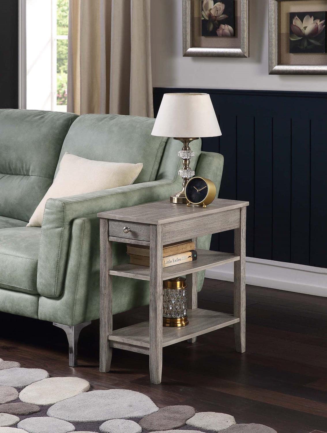 Convenience Concepts American Heritage Chairside End Table with Drawer - 23.5 Inch Classic Living Room Table with Storage Shelf | Bedroom Nightstand in Wirebrush Light Gray | Perfect for Living Room, Bedroom & Office Use