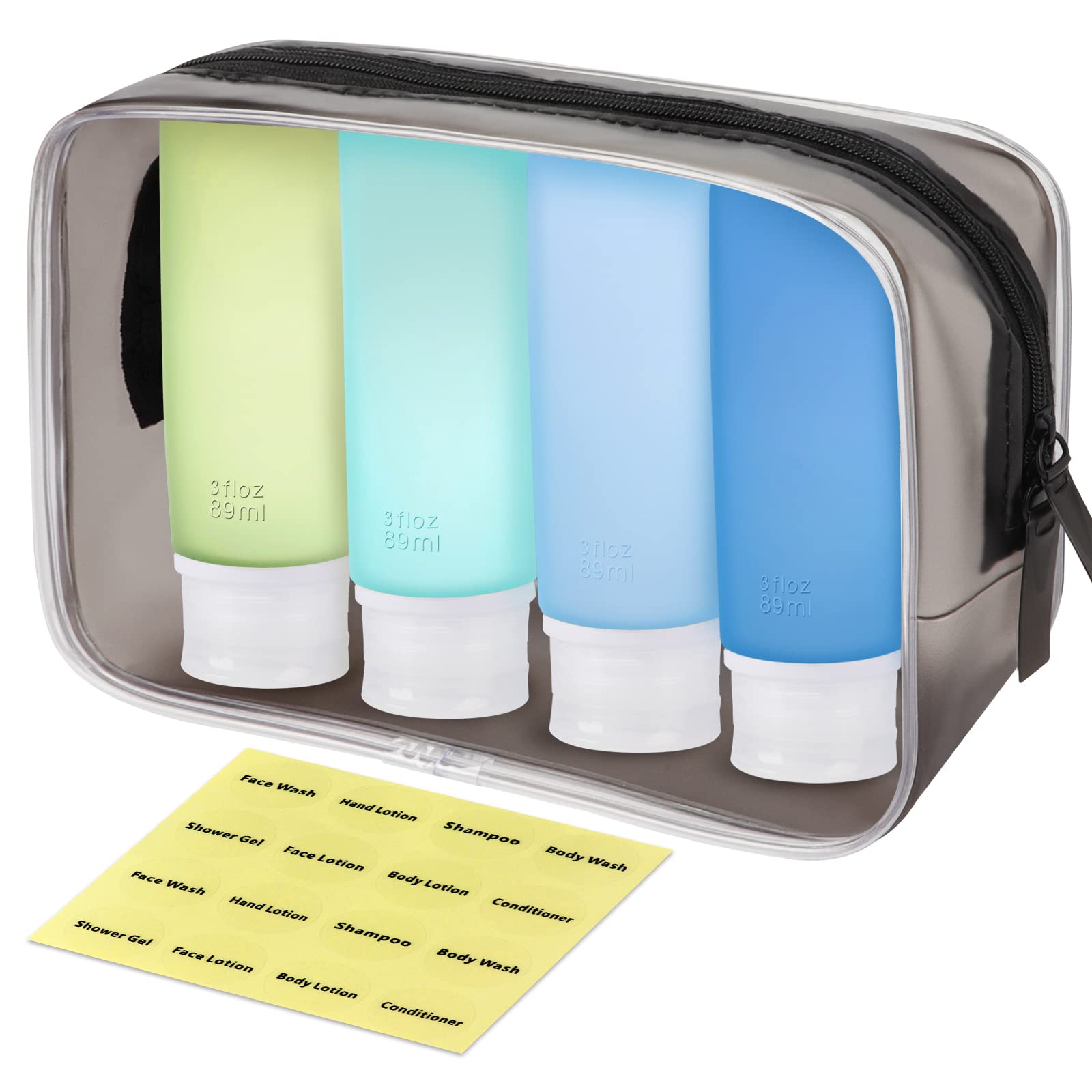 INSFIT 3oz Refillable Travel Bottles Set - TSA Approved Leak-Proof Toiletries Containers for Shampoo, Conditioner & Soap (Blue with Labels) - Perfect for Air Travel, Gym & Vacation Essentials