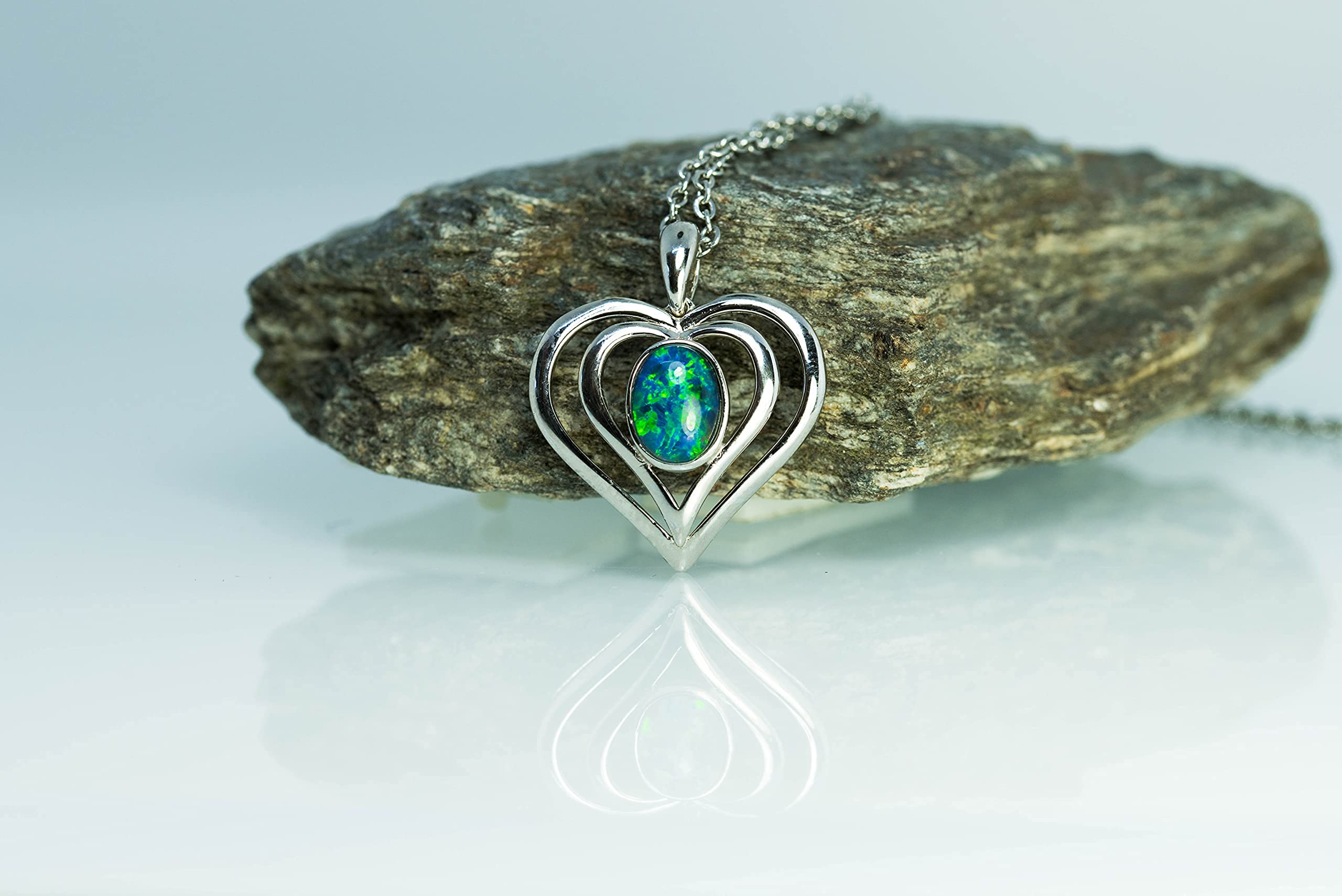 Genuine Australian Fire Triplet Opal Necklace - Sterling Silver with White Gold Plated Pendant | Green Blue Opal Jewelry for Women | Perfect for Weddings, Parties & Special Occasions
