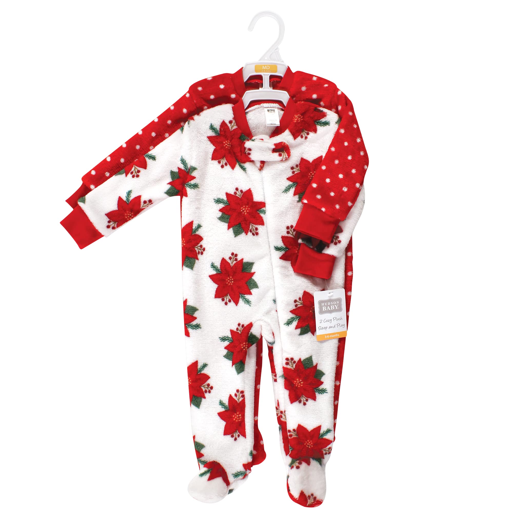Hudson Baby Unisex Soft Plush Sleep and Play Romper - Poinsettia Floral Pattern, 3-6 Months, Cozy Winter Outfit for Newborns & Infants - Perfect for Christmas Photos, Holiday Gatherings & Nursery Sleepwear