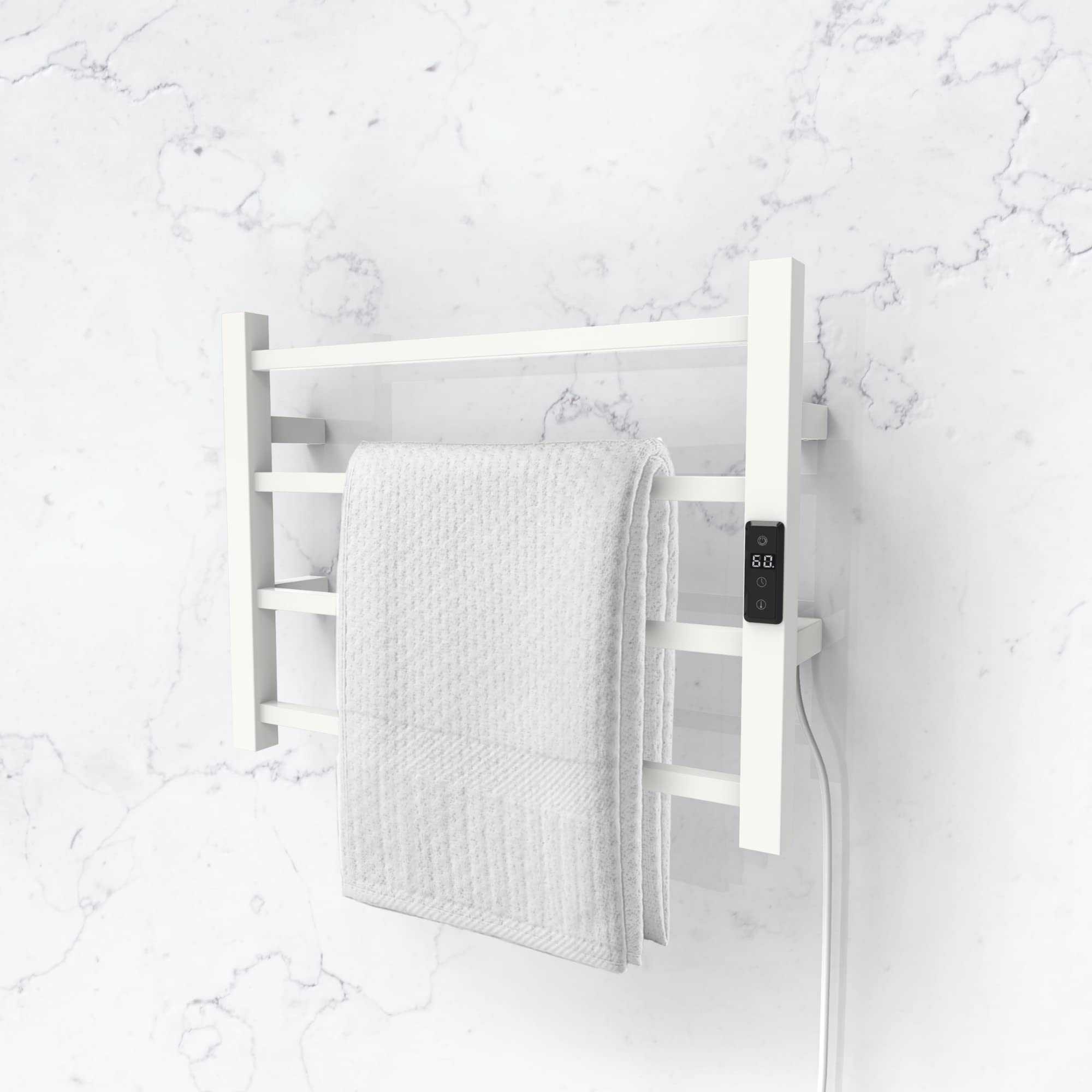 Odass Premium Towel Warmer with Built-in Timer & LED Display - Adjustable Temperature 86°F to 140°F (30°C to 60°C), 4-Square Bar Design, Wall Mounted Bathroom Heater - Perfect for Spa, Luxury Hotels & Cozy Home Bathrooms