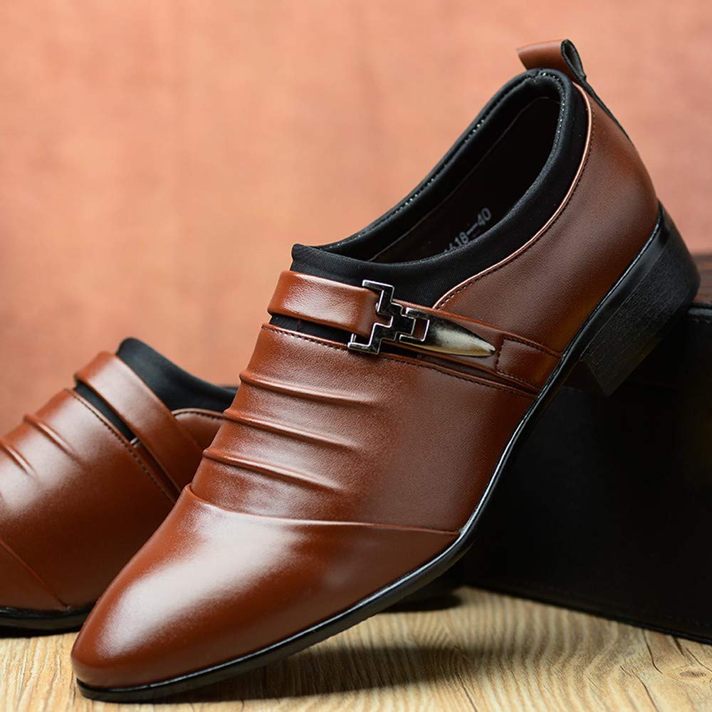 IQYU Men's Lightweight Leather Moccasin Shoes - British Style Pointed Toe Formal Dress Shoes for Wedding & Business - Comfortable Safety Shoes for Office, Party & Special Occasions