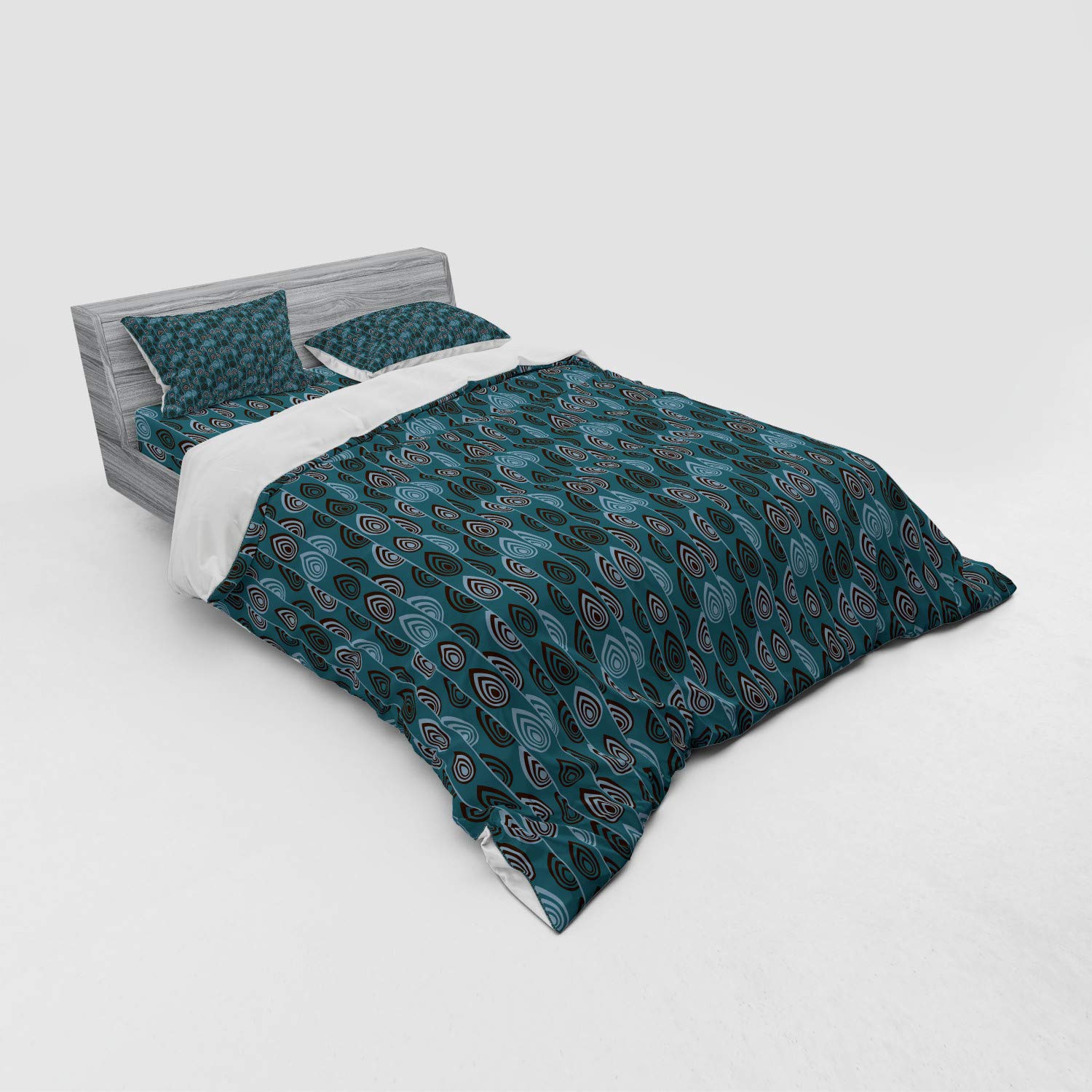Ambesonne Ethnic Duvet Cover Set | Striped Hand-Drawn Traditional Ornament Pattern | 4-Piece Queen Size Bedding Set with Shams & Fitted Sheet | Teal Blue-Grey Dark Brown | Perfect for Bohemian & Eclectic Bedroom Decor