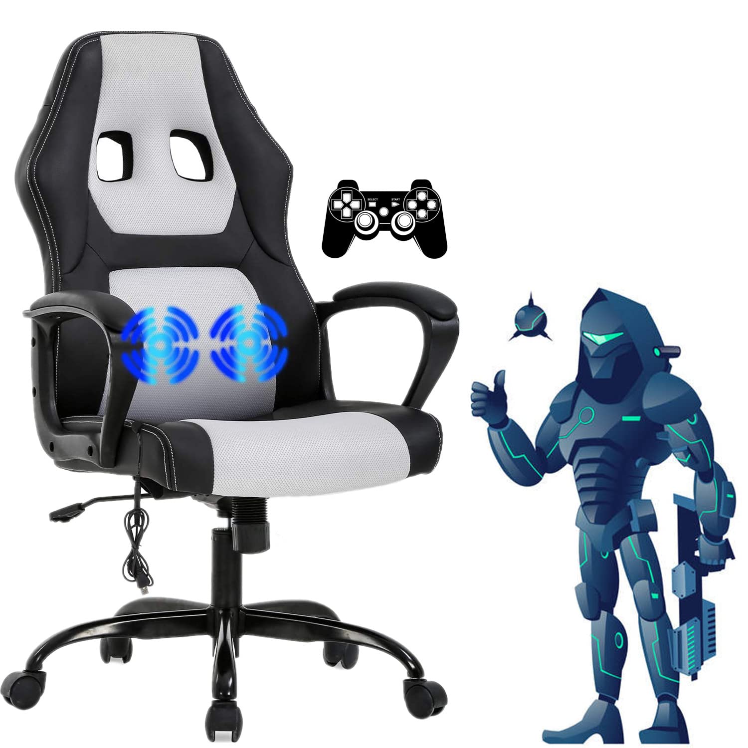 Ergonomic Gaming Chair with Massage & Lumbar Support - Adjustable Reclining Office Computer Chair with Headrest & Armrest - Rolling Swivel Video Game Chair for Adults & Teens - Perfect for Esports, Streaming & Home Office (White)