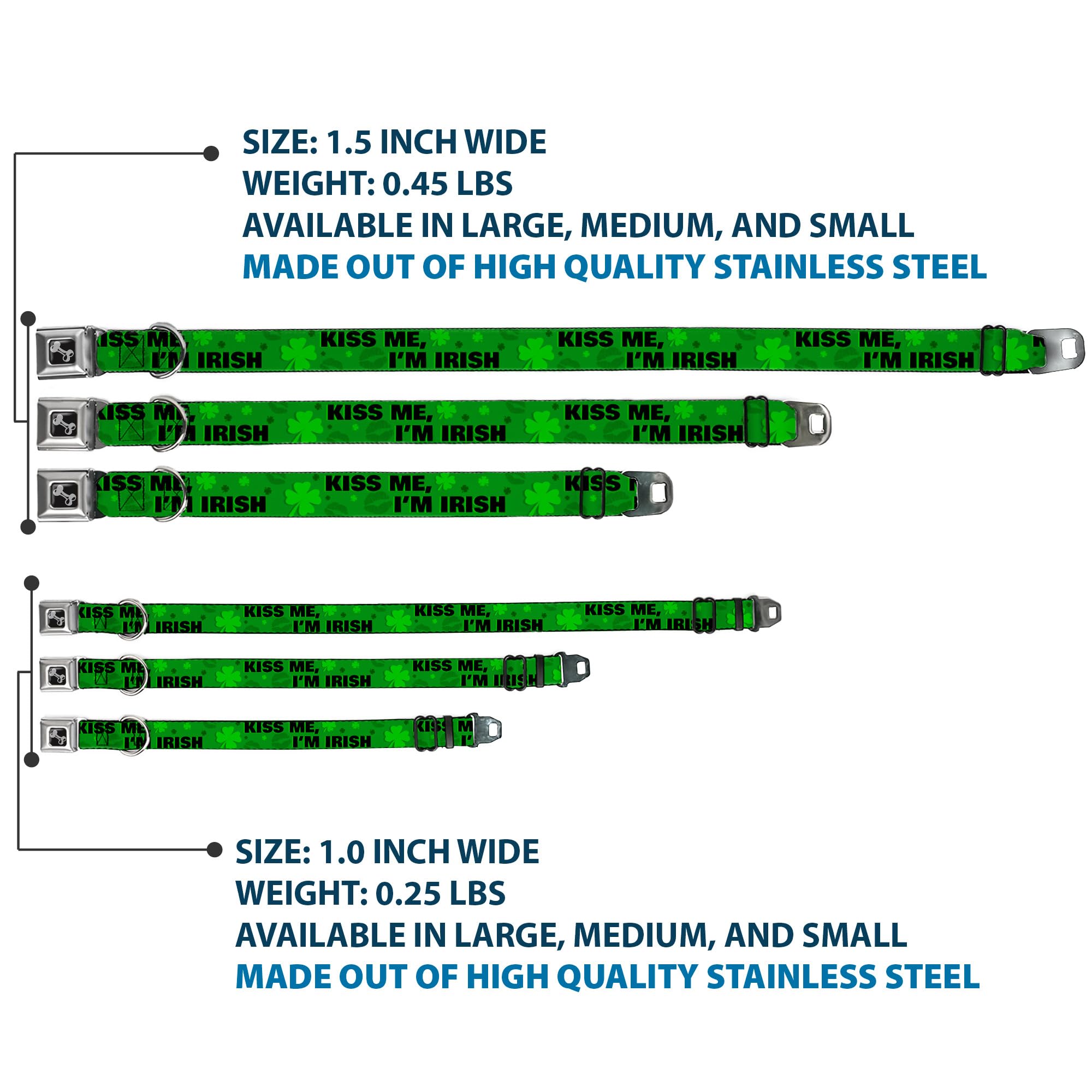 Dog Seatbelt Collar with Buckle - Kiss Me I'm Irish Clover Design, Green & Black, 16-23 Inches, 1.5 Inch Wide - Safe Car Travel for Medium Dogs