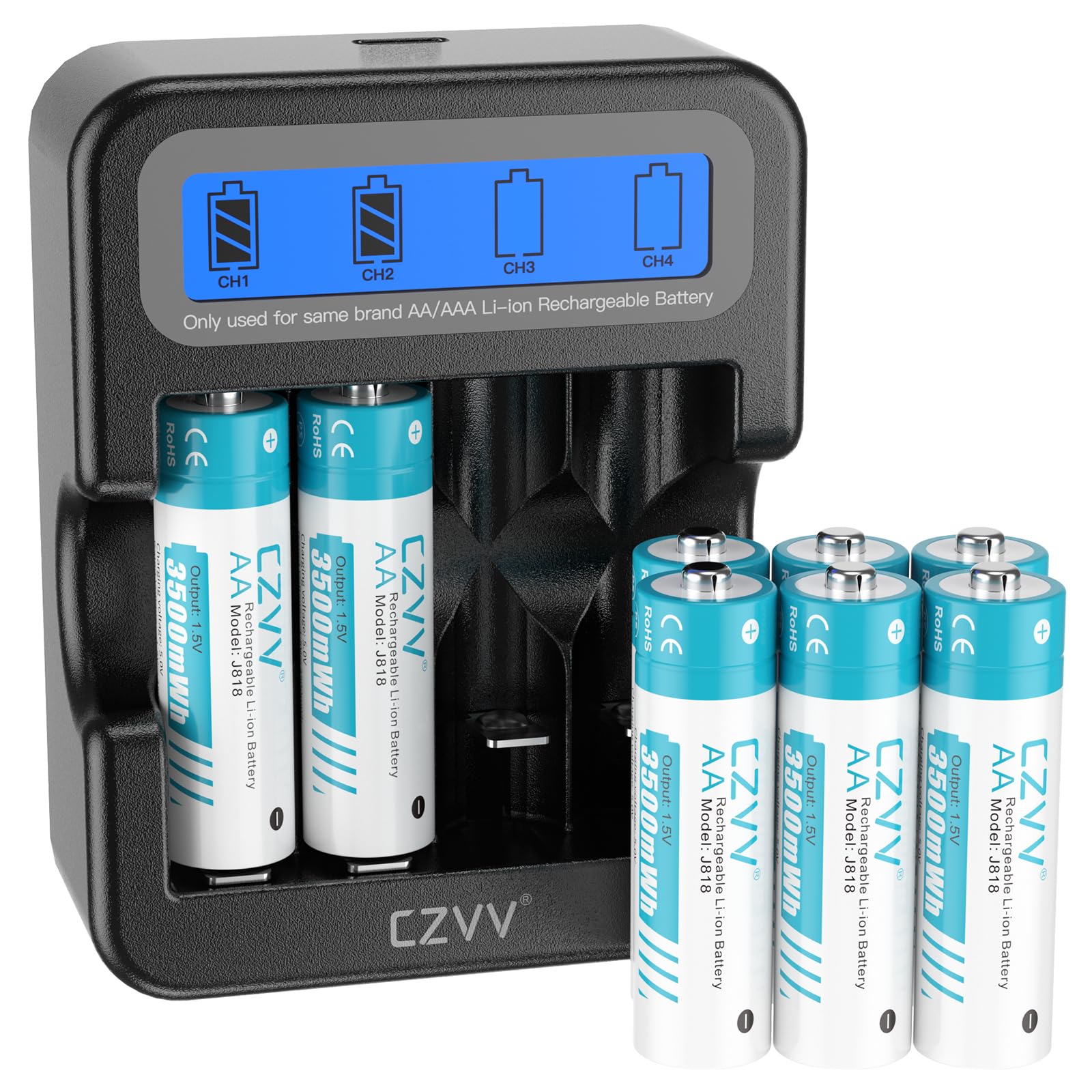 Rechargeable Lithium 1.5V AA Batteries with LCD Fast-Charger - 8 Pack for Digital Cameras, Flashlights & Wireless Devices - Long Lasting Power Solution