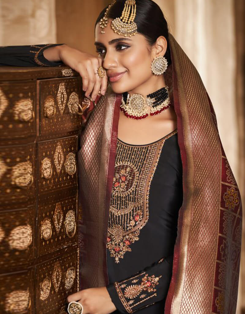 Elegant Black Chudidar Style Suit - Premium Crepe Silk Outfit for Women | Perfect for Weddings, Parties & Festive Occasions