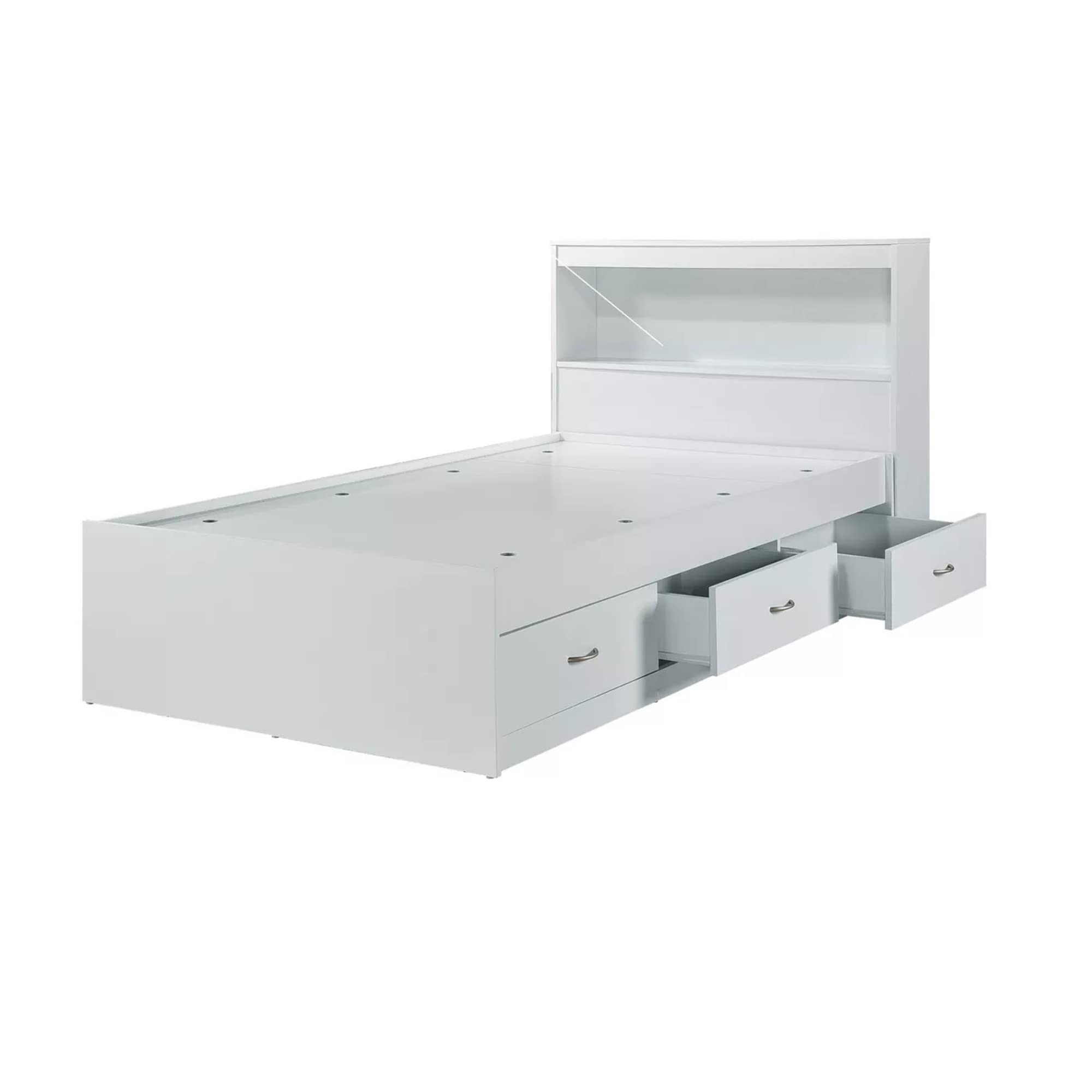HODEDAH Twin Size Wood Platform Bed with Bookcase Headboard & 3 Drawers - White | Space-Saving Storage Solution for Small Bedrooms, Kids Rooms & Dorm Rooms | Sturdy Wooden Bed Frame with Built-in Organization