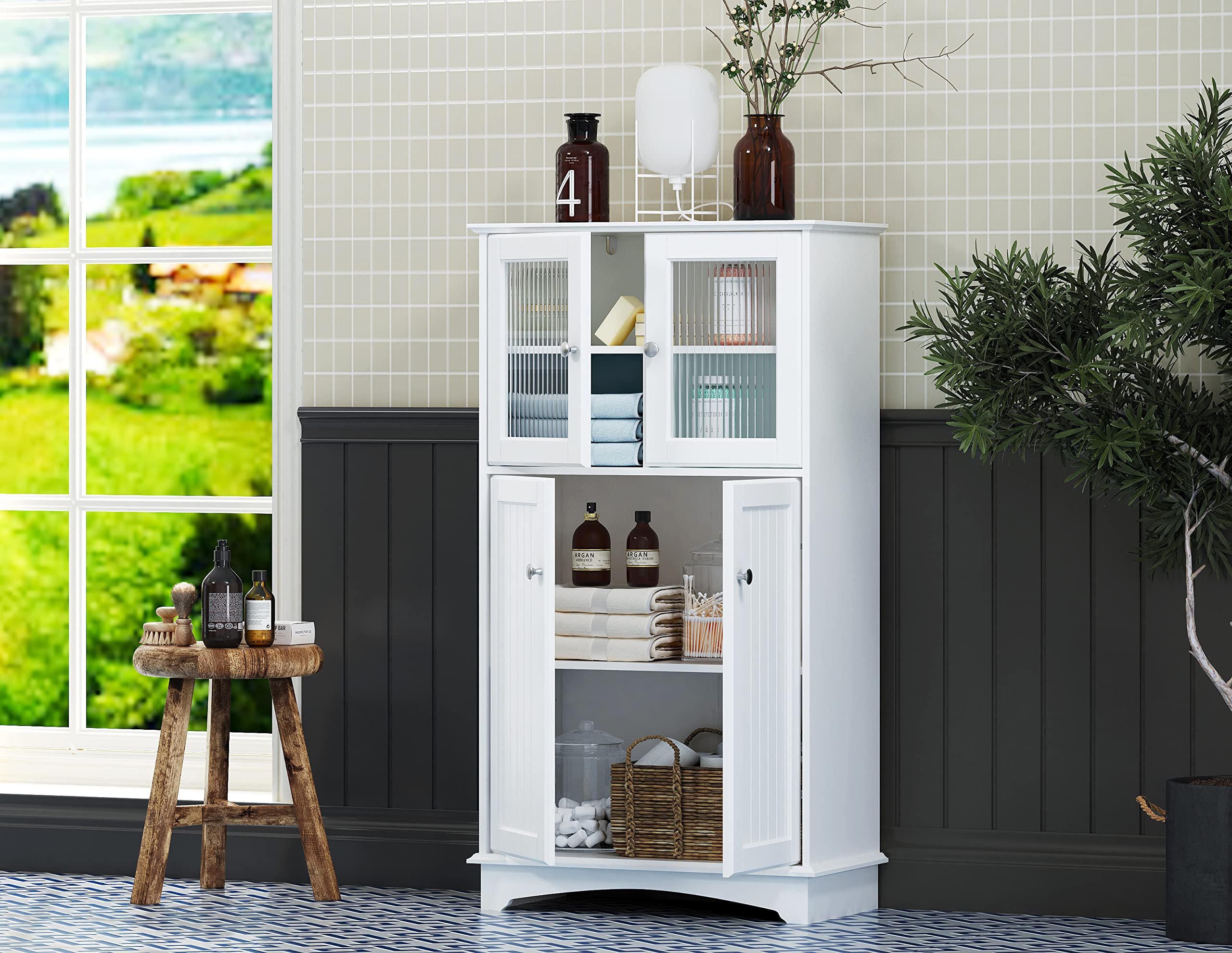 White Wooden Bathroom Storage Cabinet - Freestanding Floor Organizer for Bathroom, Living Room & Bedroom | Space-Saving Home Decor Solution