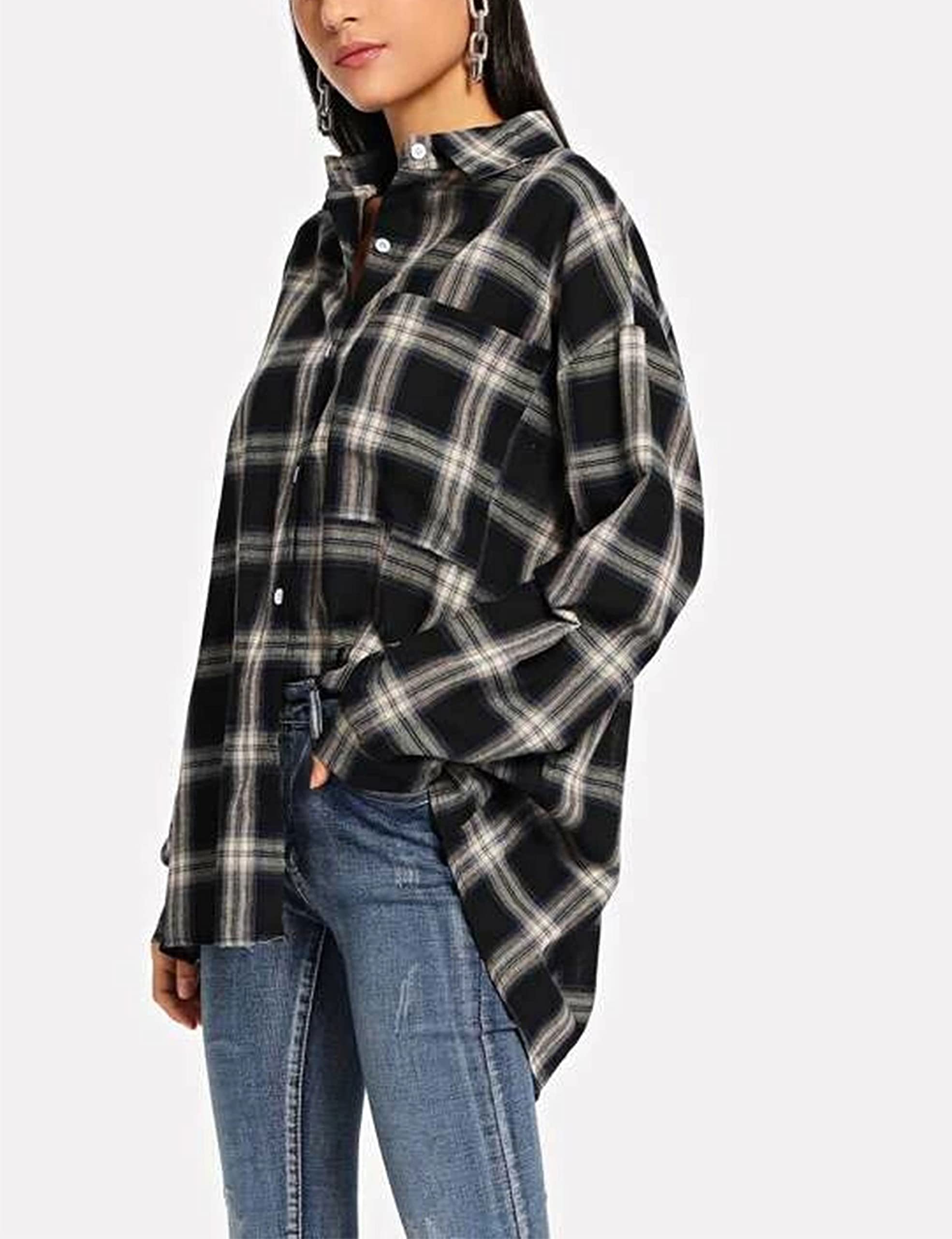 HangNiFang Women's Oversized Flannel Plaid Shirt - Long Sleeve Button Down Blouse for Casual Wear, Fall Layering & Outdoor Activities