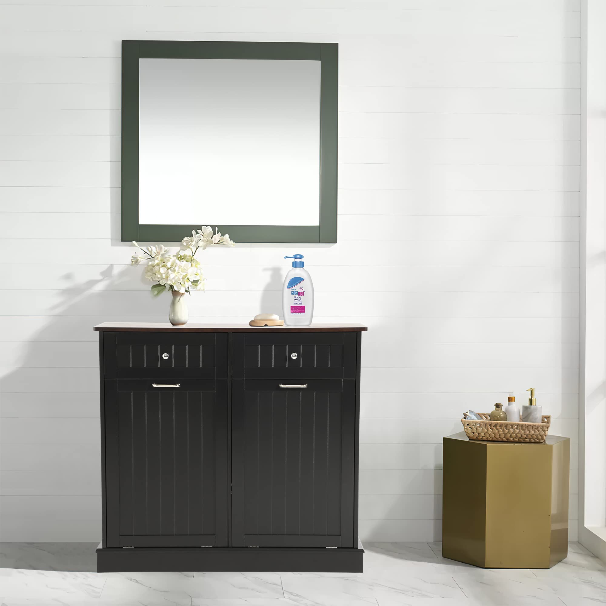KIGOTY Double Tilt Out Trash Cabinet - Pet Proof Kitchen Trash Can with Countertop & Drawer Storage - Wooden Laundry Hamper Organizer for Kitchen, Bathroom, Laundry Room - Black (Perfect for Small Spaces & Pet Owners)