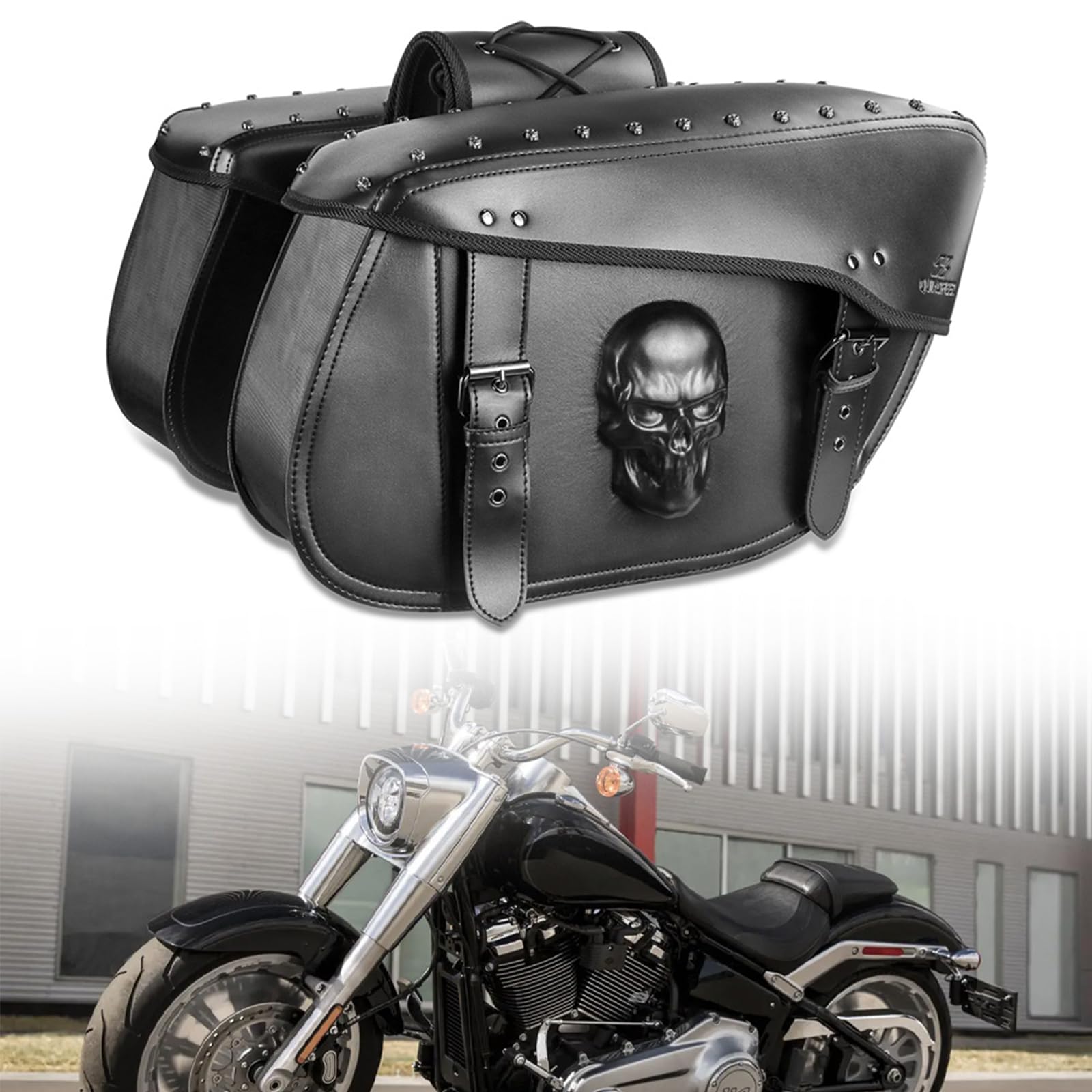 32L Large Capacity Waterproof PU Leather Motorcycle Saddlebags - Universal Fit for Harley, Honda, Yamaha, Bobber & Kawasaki Bikes - Durable Hard Side Bags with 3D Skull Design (Black) - Perfect for Long Rides, Road Trips & Daily Commuting