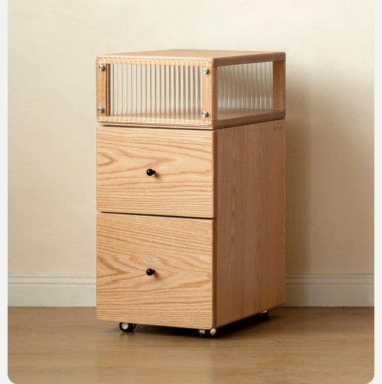 Solid Oak Wood Nightstand with Wheels and Built-in Light - Narrow Bedside Table for Small Spaces - Perfect for Bedrooms, Dorms, and Apartments