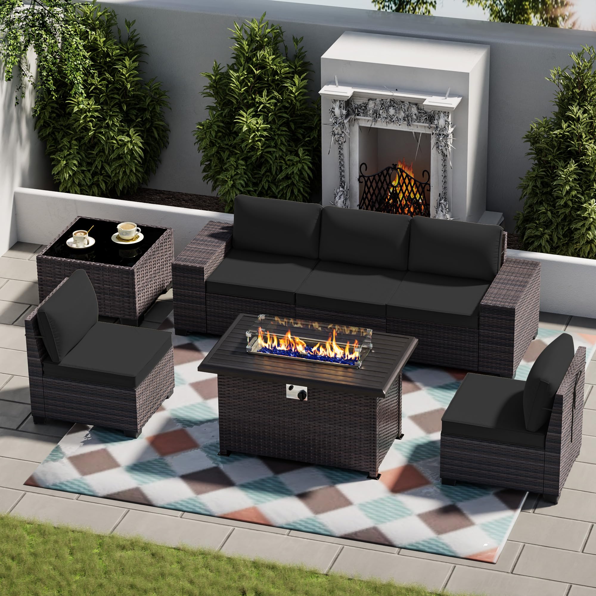 7-Piece Outdoor Patio Furniture Set with Propane Fire Pit - High Back PE Wicker Rattan Sofa Conversation Set - Sectional Patio Furniture with Tempered Glass Table & Gas Fire Pit (Black) - Perfect for Backyard, Garden, Poolside & Outdoor Entertaining