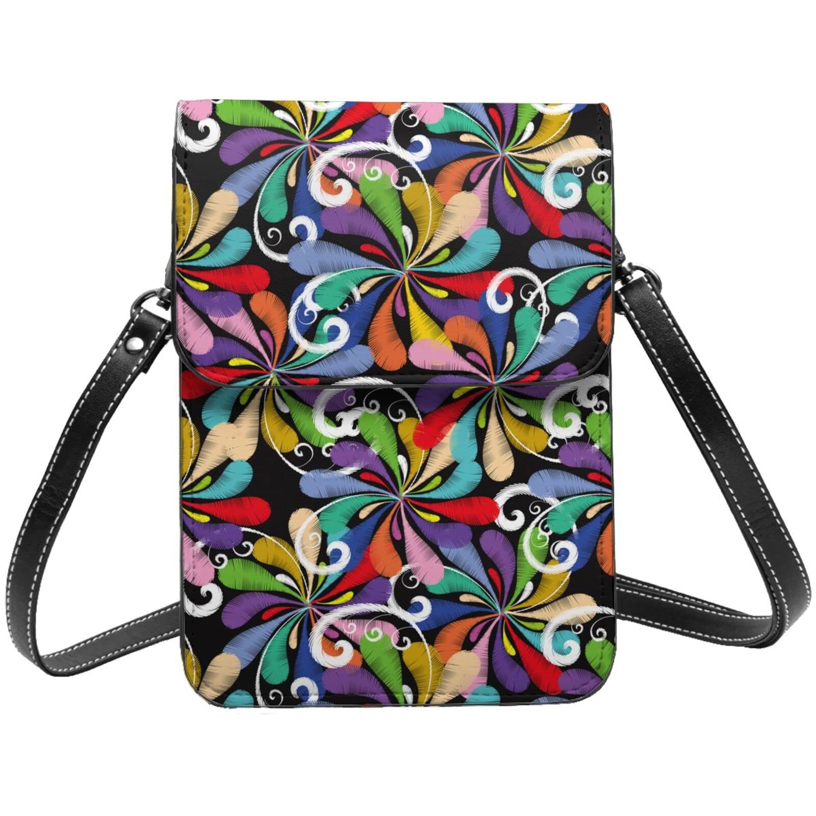 Floral Colorful Embroidery Pattern Black Small Crossbody Cell Phone Purse for Women - Mini Leather Shoulder Wallet Bag - Perfect for Daily Use, Travel & Shopping