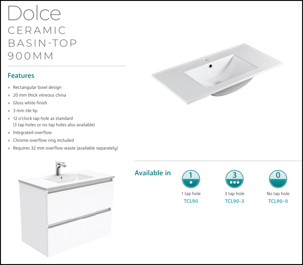 Fienza Dolce Black TCL90ZBKL 900mm Bathroom Vanity with Kickboard & Left Drawers - Modern Sink Cabinet for Small Spaces, Powder Rooms & Master Baths