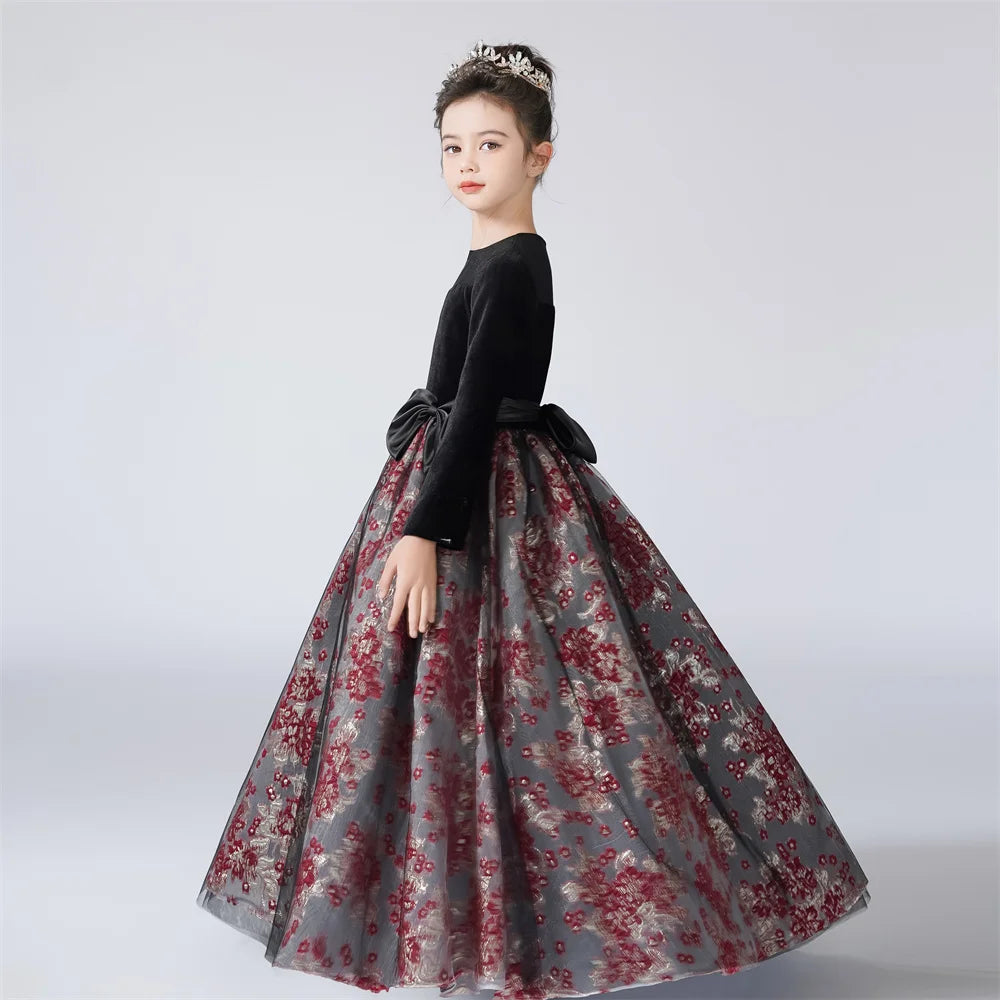 Vintage Velvet Long Sleeve Girls Party Dress - Elegant Pageant Gown for Special Occasions, Holidays & Photo Shoots