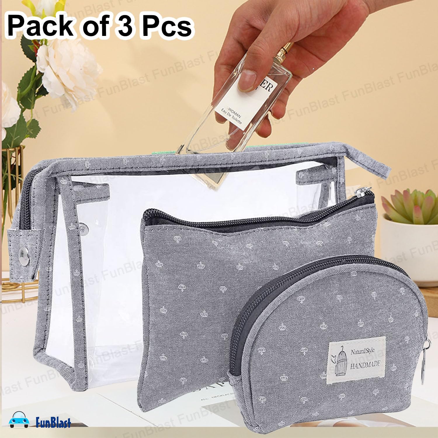 FunBlast 3-Pack Cosmetic Makeup Bags for Women - Waterproof Travel Toiletry Organizer with Zipper, Portable Vanity Pouch for Makeup, Jewelry & Essentials - Perfect for Travel, Gym, Work & Daily Use (Grey)