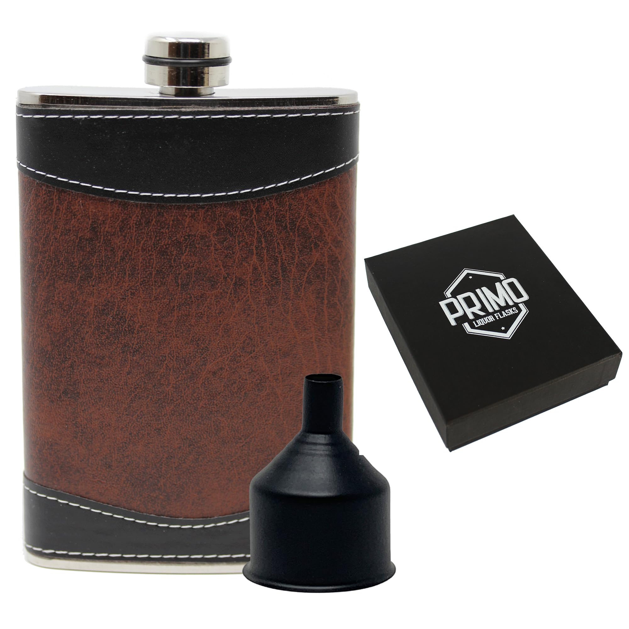 8oz Heavy Duty Stainless Steel Hip Flask for Liquor - Black & Brown with Funnel & Gift Box - Perfect for Outdoor Adventures, Camping, Hunting & Gifts for Men