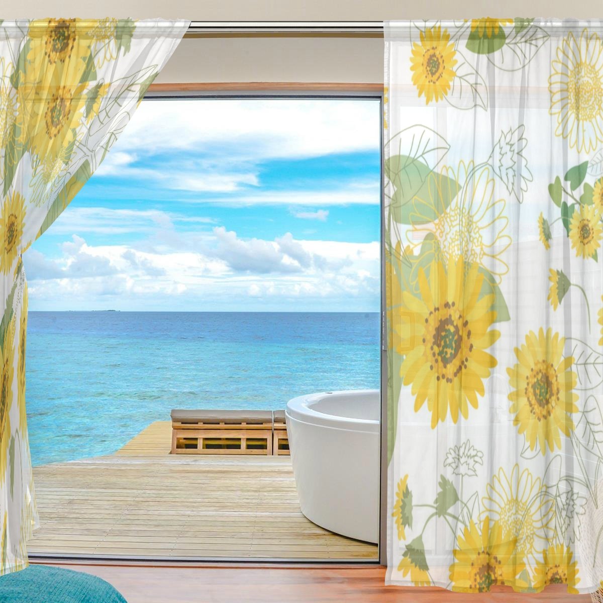 ALAZA U Life Small Yellow Sunflowers Floral Patchwork Rod Pocket Sheer Voile Window Curtains - 55 x 78 Inches, Set of 2 Panels - Perfect for Living Room, Bedroom & Kitchen Decor