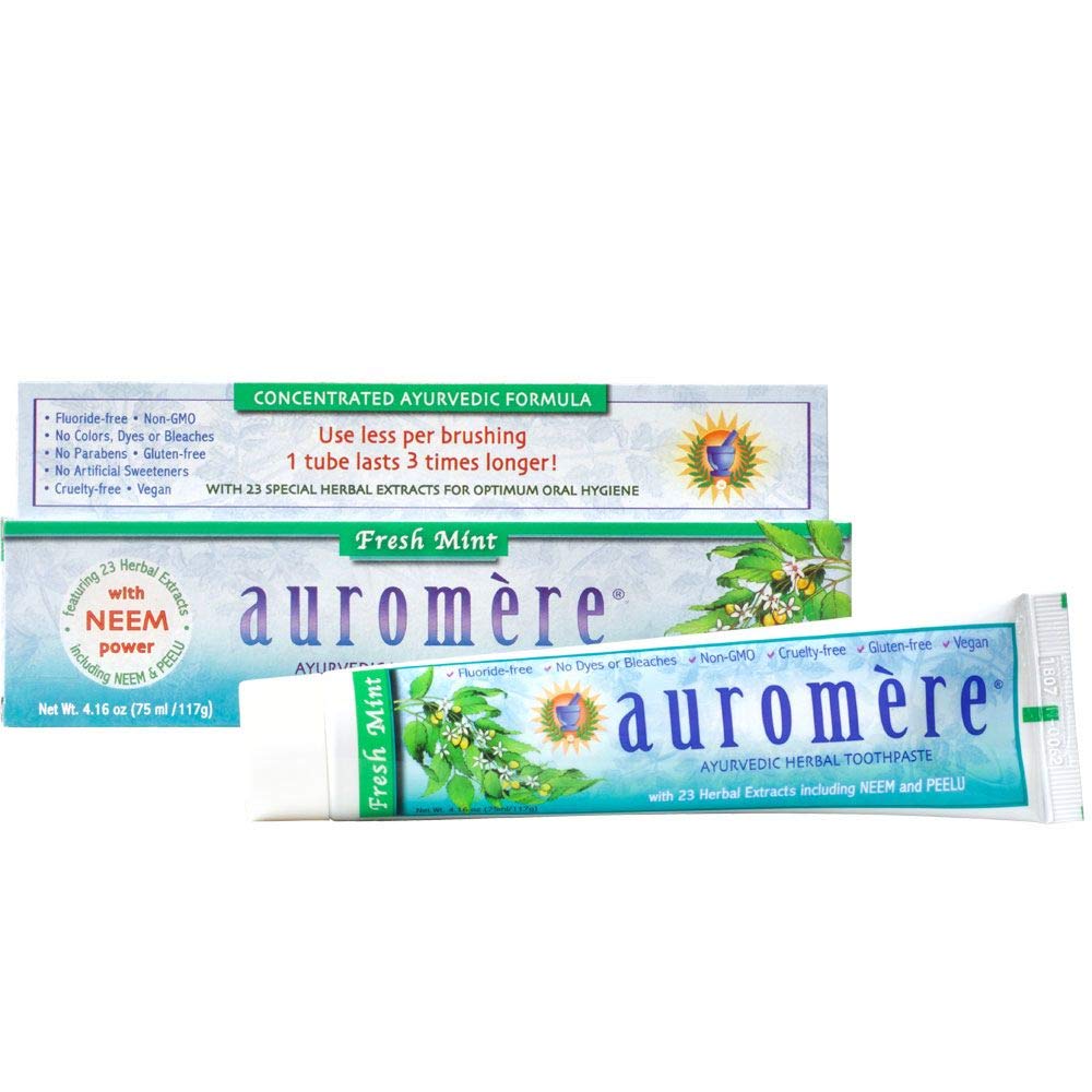 Auromere Ayurvedic Herbal Toothpaste - Fresh Mint Flavor | Vegan, Natural, Non-GMO, Fluoride & Gluten Free with Neem & Peelu | 4.16 oz (1 Pack) | Ideal for Daily Oral Care & Sensitive Teeth